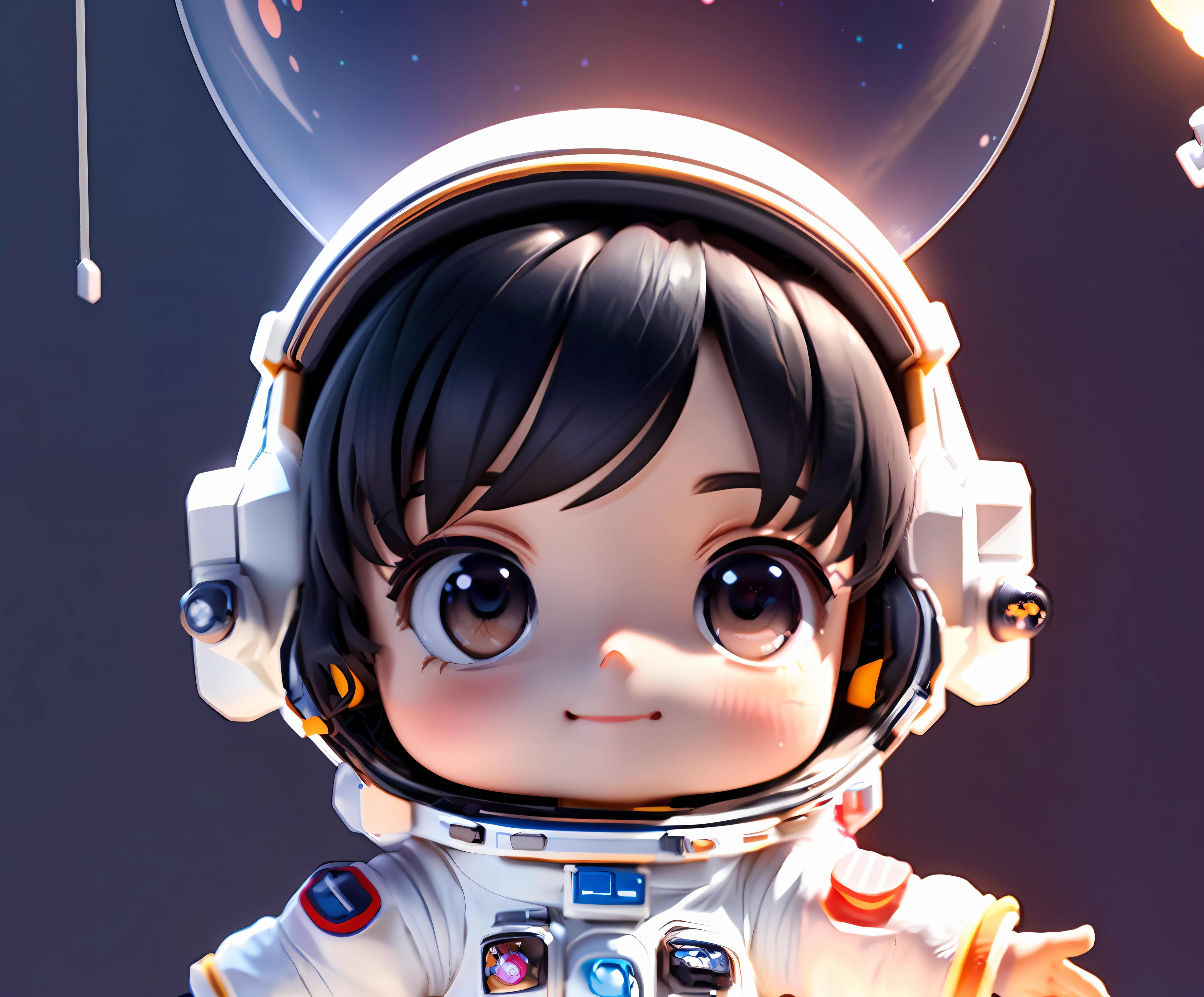 Masterpiece, super detailed, high resolution, accurate, super cute girl full body 3d drawing, 1 pc, good looking eyes, big eyes, cute, eyelashes clearly visible, happy, c4d, pop matt blind box, , glowing bubbles, toys, solid color background, chibi, fluorescent translucency, luminescence, kawaii, doll, (((astronaut, white spacesuit))), reference table, pop mart blind box, Pixar, intricate details, 3d rendering, blender, OC renderer, fol body Reference Sheet, Dribble, High Details, 8K, Studio Lighting, Loli, Petite, Child, Chibi, SD Characters: 1.1, Magic Space Background, Flying, Hovering, Black Hair (Smile: 1.3)