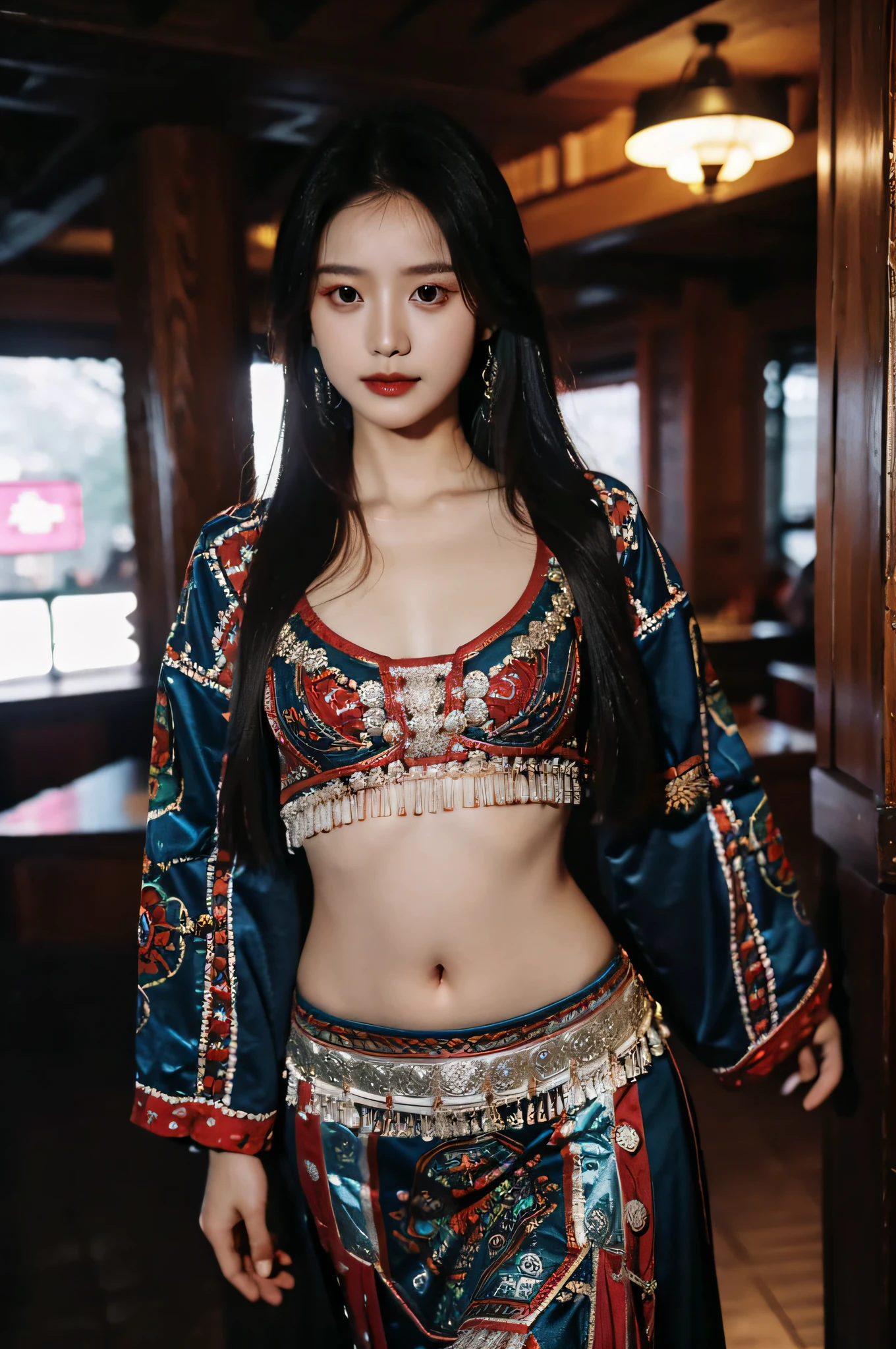 （Hyperrealistic,）4K,35mm，hyper-high detail, Professional lighting, Best quality, 超高分辨率, Visually stunning, (1girll:1.1), （Hmong clothing ）,realskin,（Perfect body 1.3）Ultra-delicate face，Open navel