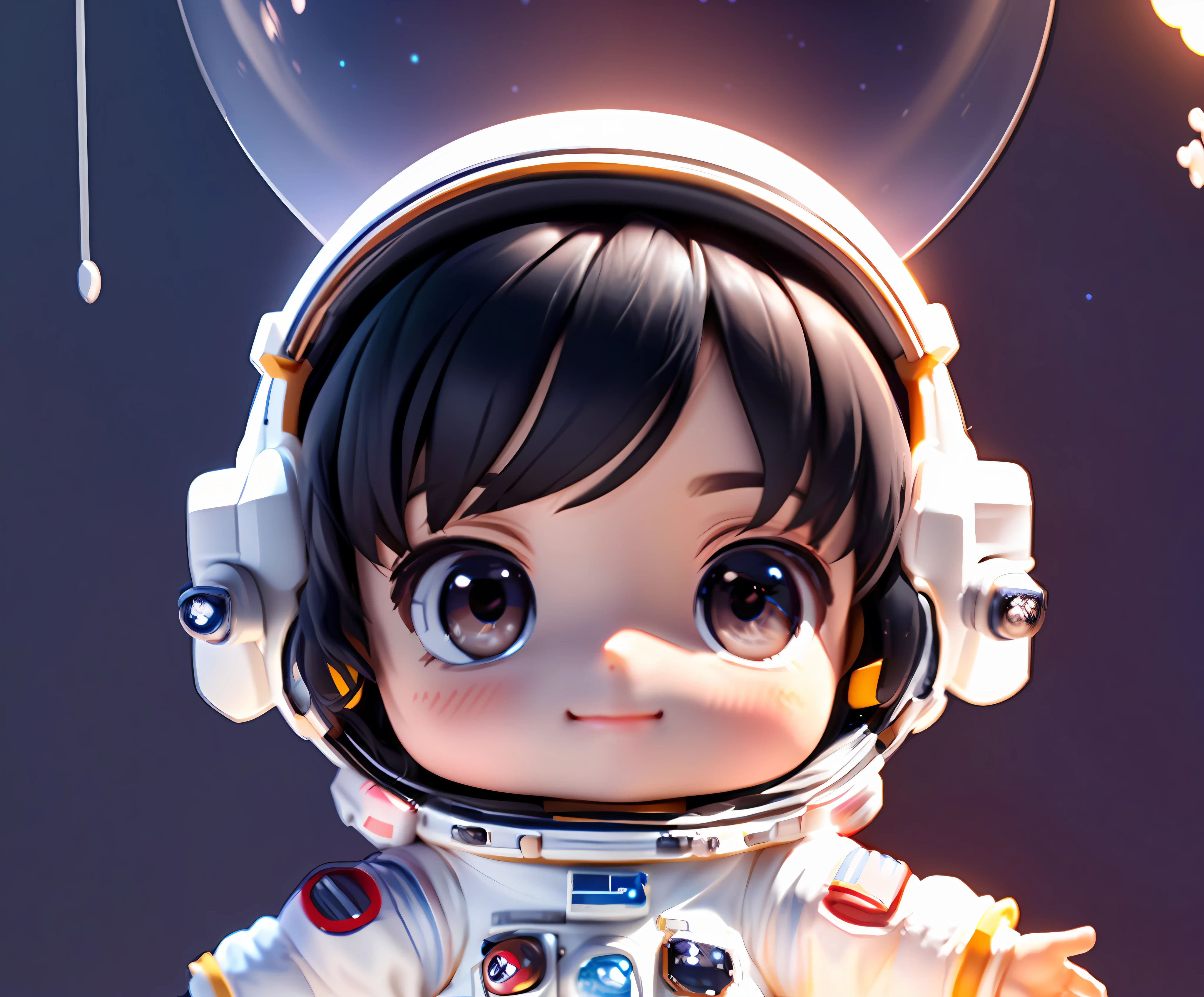 Super cute girl full body 3D drawing, 1pc, good looking eyes, big eyes, cute, happy, c4d, pop matt blind box, glowing bubbles, toys, solid color background, chibi, fluorescent translucency, luminous body, kawaii, doll, (((astronaut, white spacesuit)))), reference sheet, pop mart blind box, Pixar, intricate details, 3d rendering, blender, oc renderer, fol reference body sheet, dribble, High Details, 8K, Studio Lighting, , Petite, Child, Chibi, SD Characters: 1.1, Magical Space Background, Flying, Levitating, Black Hair (Smile: 1.3)