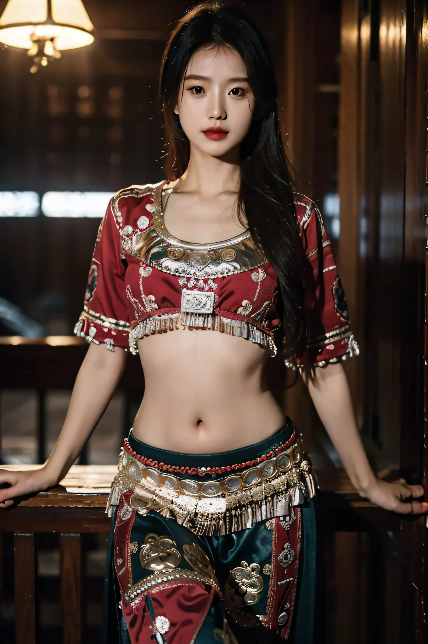 （Hyperrealistic,）4K,35mm，hyper-high detail, Professional lighting, Best quality, 超高分辨率, Visually stunning, (1girll:1.1), （Hmong clothing ）,realskin,（Perfect body 1.3）Ultra-delicate face，Open navel