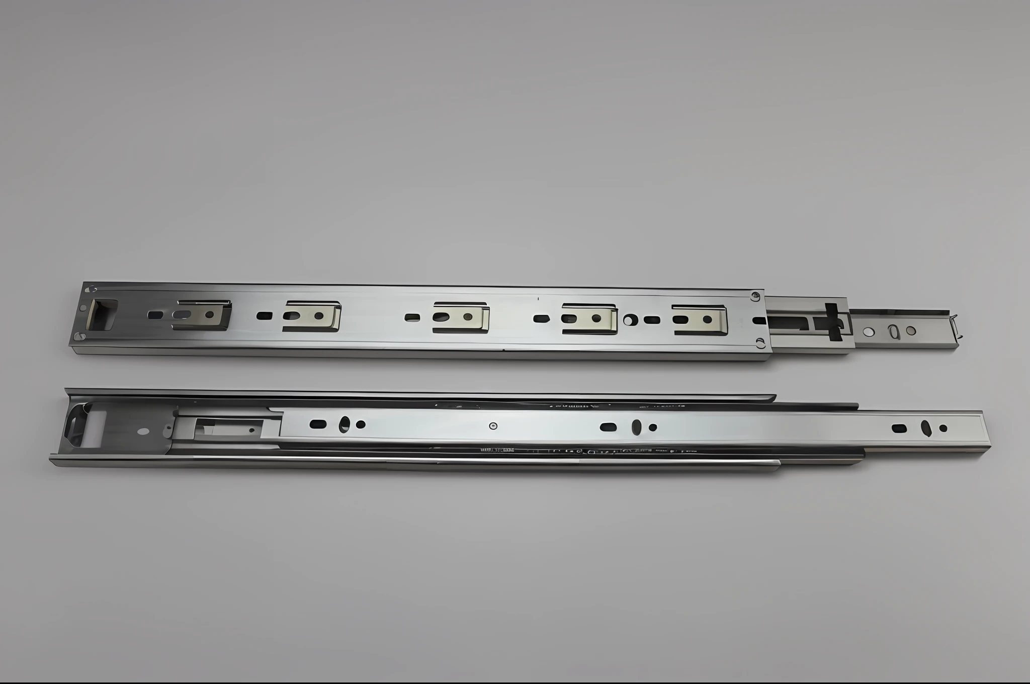 Two metal drawer rails are displayed on a white surface, 6 0 0 mm, 600mm, 4 0 0 mm, 8 0 0 mm, deep image, steel joint, h 9 6 0, F42, 300mm, 3 0 0 mm, 200 mm, 2 0 0 mm, 200mm, stainless steel