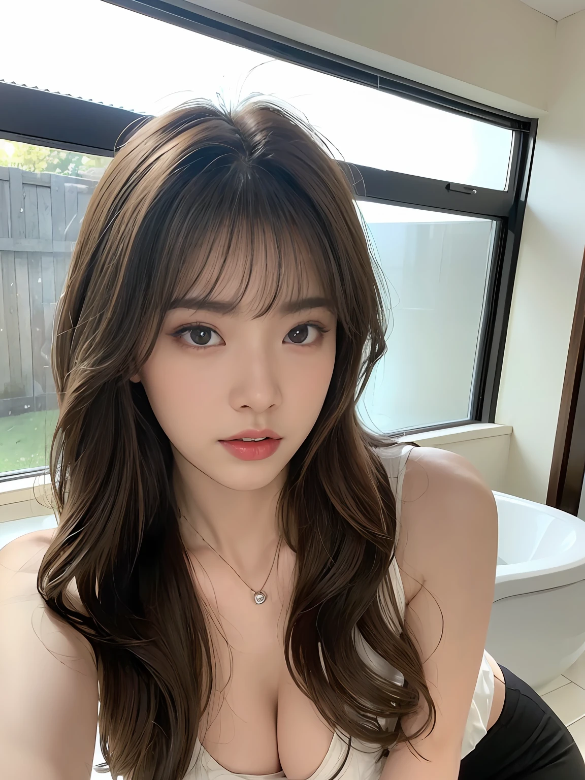 ((Realistic lighting、top-quality、8K、​masterpiece:1.3))、Clear focus:1.2、NSFW:1.6, nudde、1girl in、perfectbodybeauty:1.4、Slim abs:1.1、dark-brown eyes、((dark brown hair、middlebreasts:1.2))、(Acceleration:1.4)、Slender face、A sexy、Southland、sea side:1.2、by the window、(bath room:1.1)、(((all-fours)))、Looking at the camera、(23years old:1.3)、hyperdetailed face、A detailed eye、二重まぶた、a necklace、
