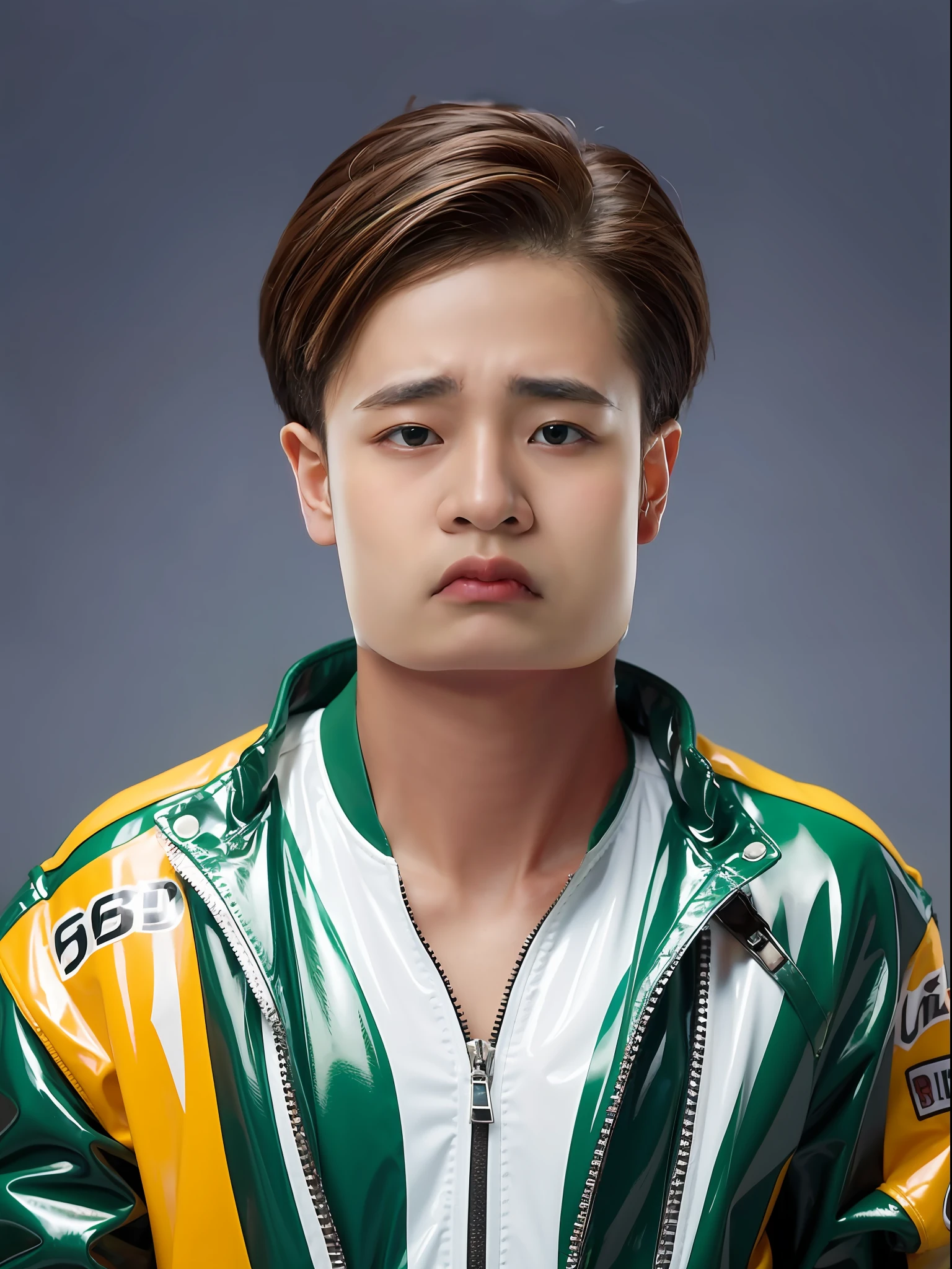 A 16-year-old male high school student,Wearing a PVC green racing suit,There are zippers,Peach hair