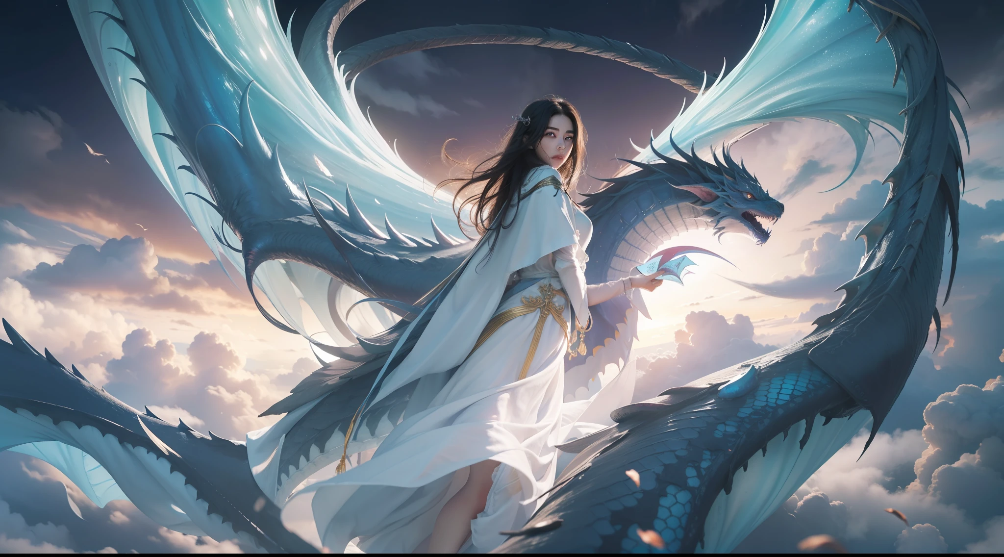 Above the rising clouds,Night, Dark, (Fantasy),infinite,deep blue sky,The abyss of knowledge,Cowledge,((masutepiece)), (((Best Quality))),((Beautiful fine eyes)),(Eye lashes)、Realistic clouds、Very beautiful face、The ultra -The high-definition、Beautiful girl flying in the sky with giant white dragon、(女の子1人)、Black hair、The long-haired、abyss eyes、glowy skin、oils、small tits、Perfect human body structure、Wizard robes、tattered cloth、Realistic coat、Teenchi、Super delicate CG Unity 32k wallpaper、photoRealstic、​masterpiece, ((ultra-detailliert)), ((illustratio)),colourfull,wall-paper,The energy,Unknown terror,Incomprehensible,Around the magic,Magical surroundings,magic wands,Boken,Flying pages,Know everything,Predict the future、Get to know the past、Infinite wisdom、blue flames、Warlock、magic circles、Pentagram、Spells、mantra、Singing magic