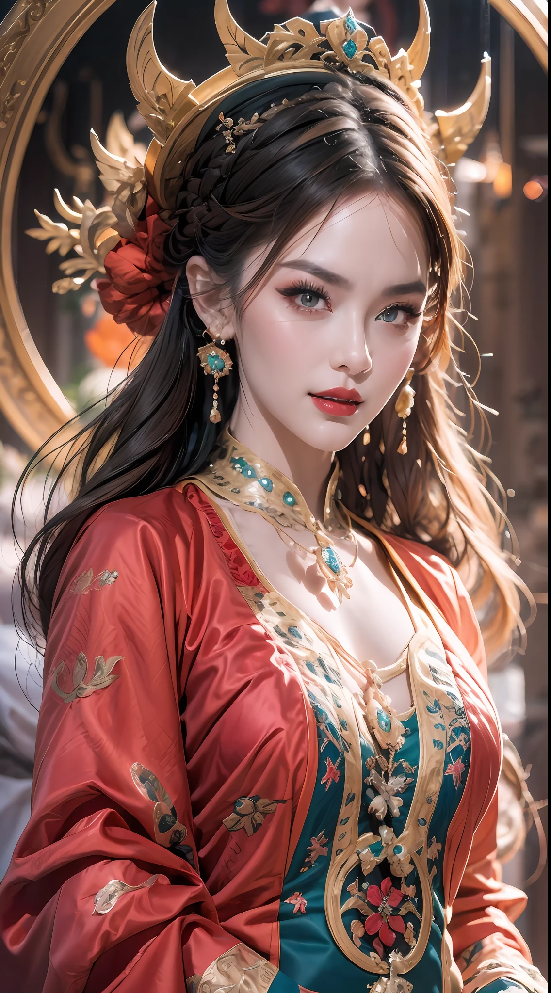 portrait of a beautiful 20 year old holy woman, wearing a thin multicolored silk dress, beautiful face without blemishes, ((natural smile:0.3)), Mouth closed, ((7-color hair length:1.2)), big crown, hair brooch, hanfu dress, chinese ancient style, full body jewelry, forehead tattoo, super even chest, face, red lips, delicate pink and white eyes (white and detailed) cinematic, light and dark, dramatic lighting, magical light, extremely detailed light, true color, super sharp, realistic, 8k quality, fantasy universe background, saints and magical space, the most detailed images, Exhibition photo, awarded, Eye-catching bright tone effect,