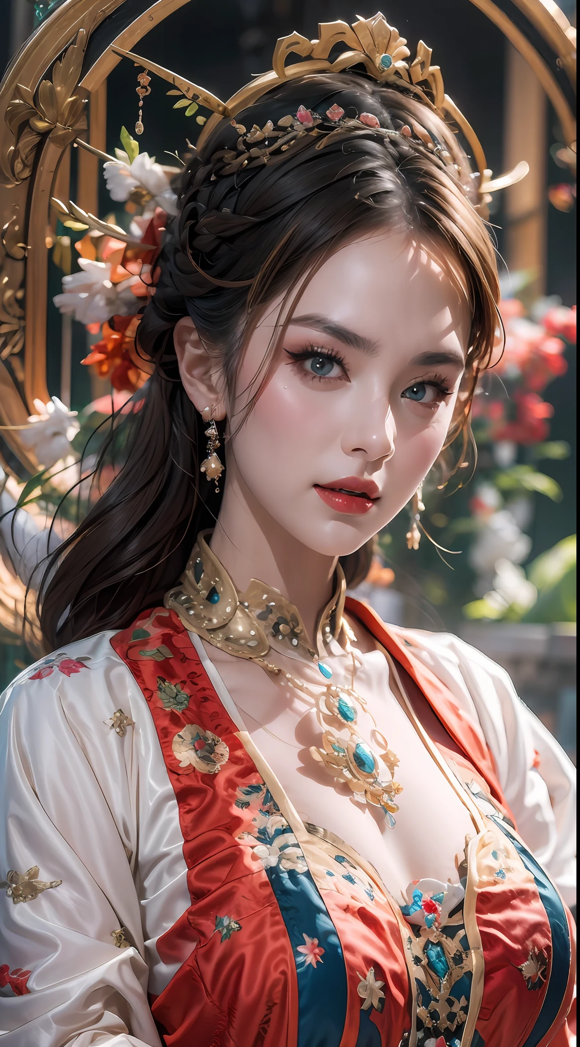 portrait of a beautiful 20 year old holy woman, wearing a thin multicolored silk dress, beautiful face without blemishes, ((natural smile:0.3)), Mouth closed, ((7-color hair length:1.2)), big crown, hair brooch, hanfu dress, chinese ancient style, full body jewelry, forehead tattoo, super even chest, face, red lips, delicate pink and white eyes (white and detailed) cinematic, light and dark, dramatic lighting, magical light, extremely detailed light, true color, super sharp, realistic, 8k quality, fantasy universe background, saints and magical space, the most detailed images, Exhibition photo, awarded, Eye-catching bright tone effect,