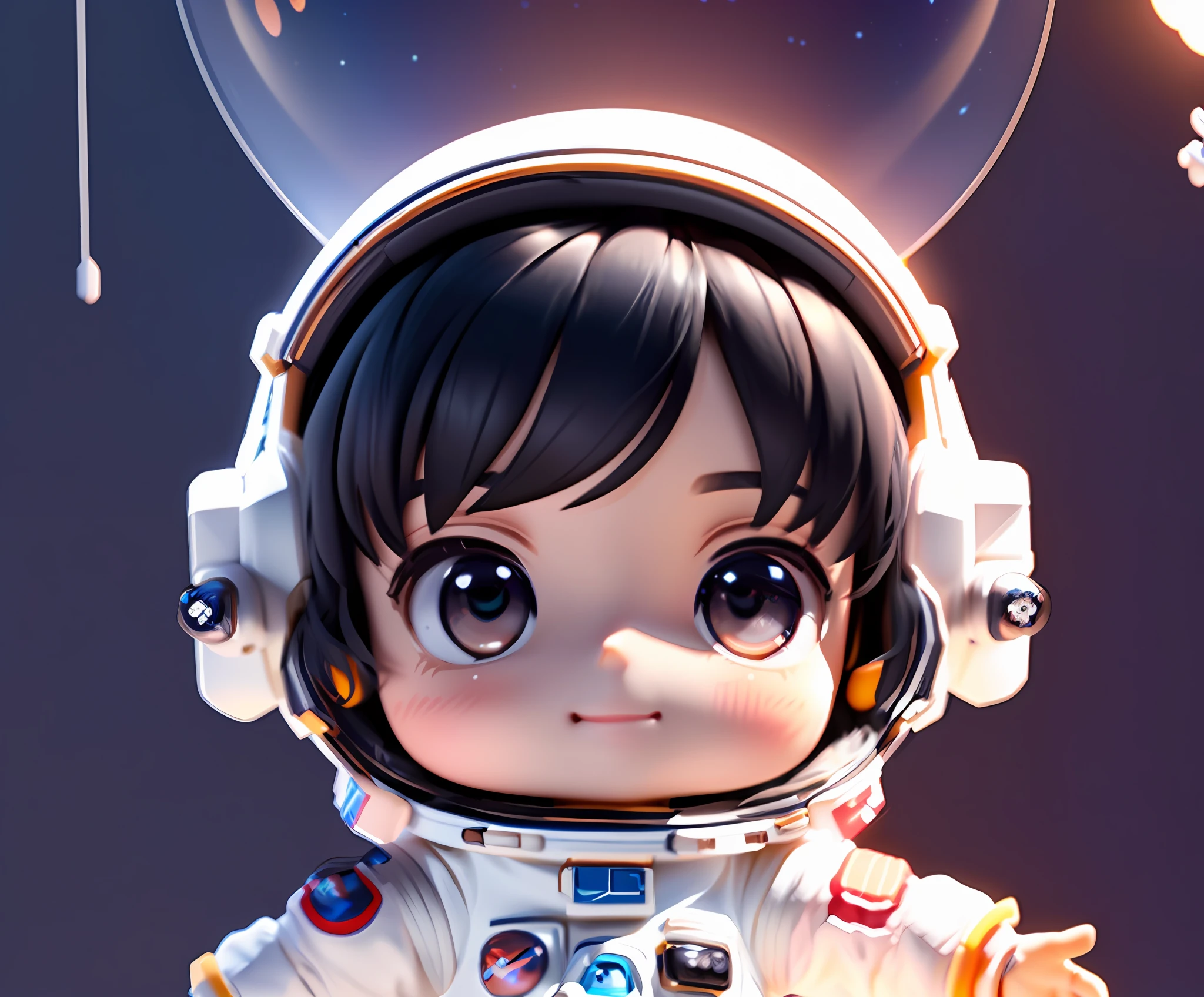 Masterpiece, super detailed, high resolution, accurate, super cute girl full body 3d drawing, 1 pc, good looking eyes, big eyes, cute, eyelashes clearly visible, happy, c4d, pop matt blind box, , glowing bubbles, toys, solid color background, chibi, fluorescent translucency, luminescence, kawaii, doll, (((astronaut, white spacesuit))), reference table, pop mart blind box, Pixar, intricate details, 3d rendering, blender, OC renderer, fol body Reference Sheet, Dribble, High Details, 8K, Studio Lighting, , Petite, Child, Chibi, SD Characters: 1.1, Magic Space Background, Flying, Hovering, Black Hair (Smile: 1.3)
