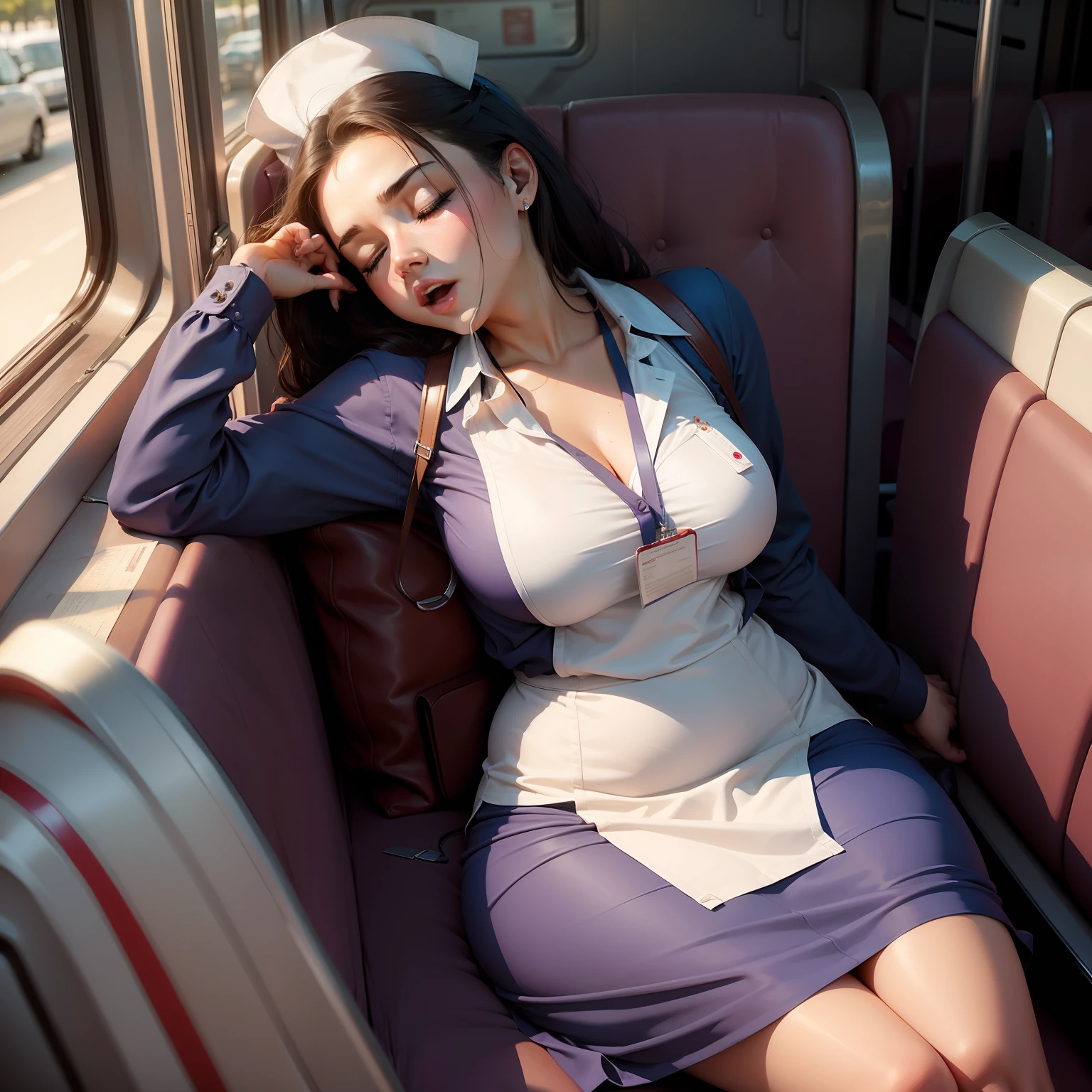 a beautiful woman, dressed as a sexy nurse, sleeping with her mouth open, sleeping sitting on a bus,