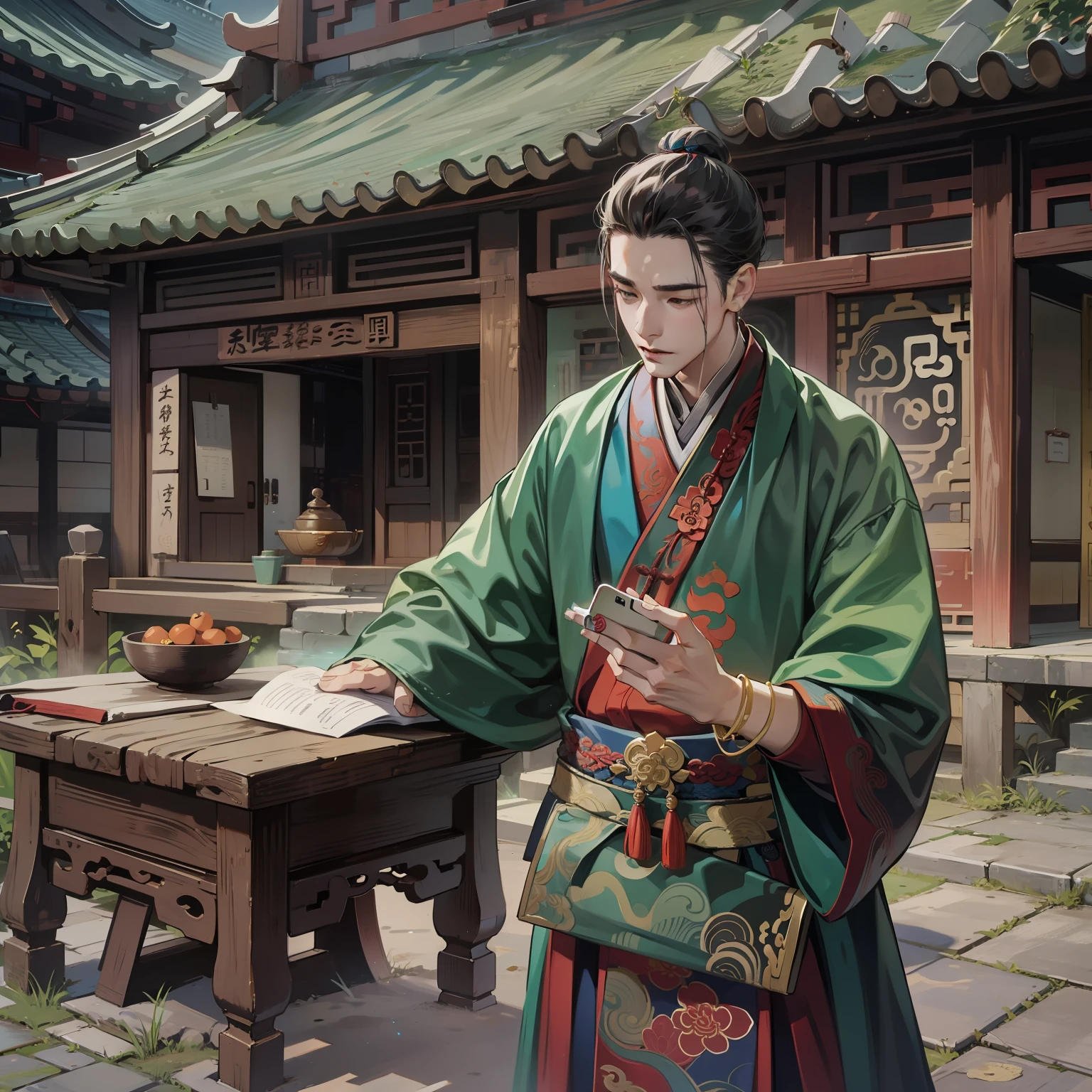 (A young man in a Taoist robe,are standing)
(A dilapidated Taoist temple)
(A notification document)
(Place on the table)