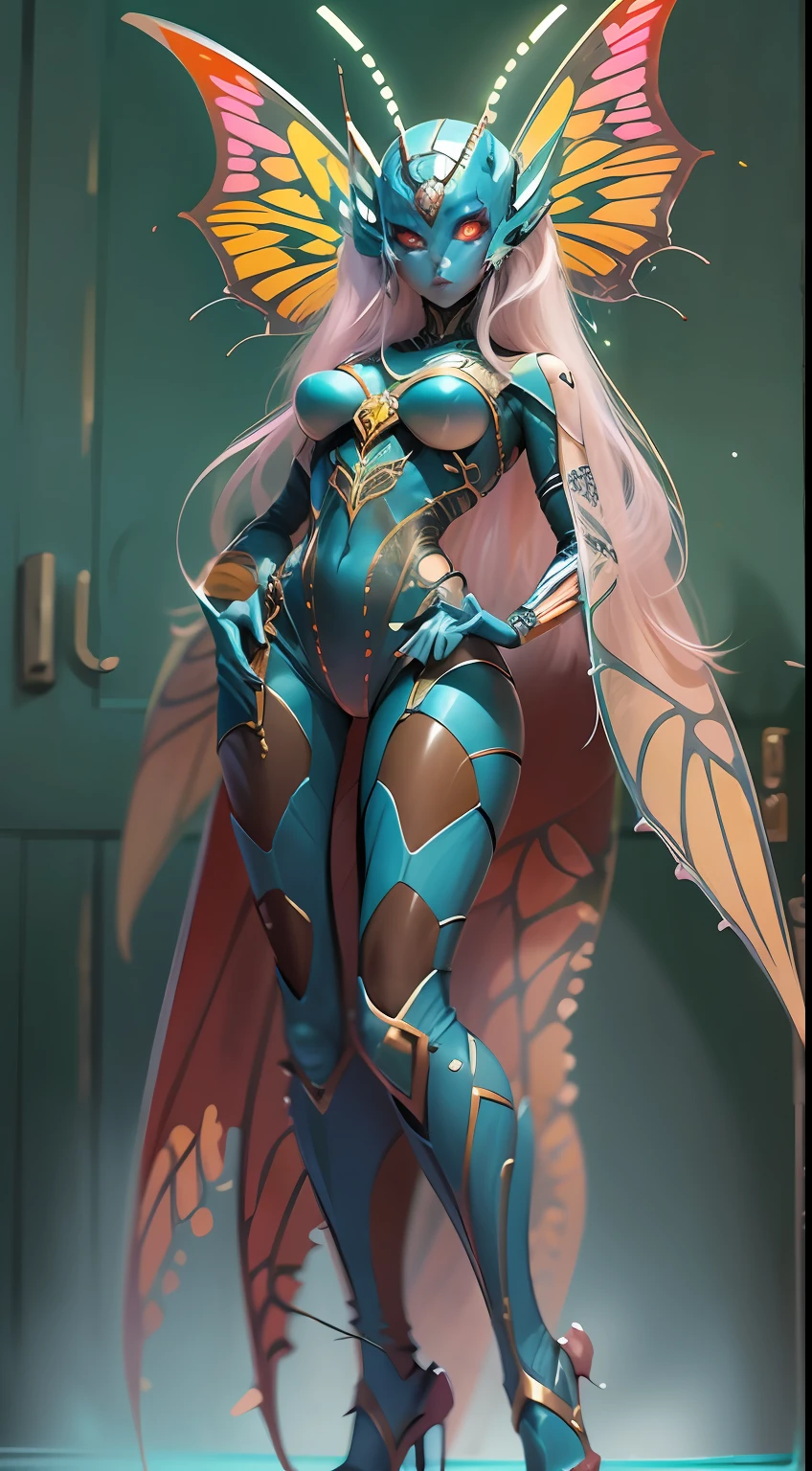 Cartoon photo of woman in colorful costume、Humanoid Female Hot Butterfly、kook、Guyver Style、SFW version、Scarabeleploid、tail、Cel Shade Adult Animation、Alien Queen、beautidful eyes