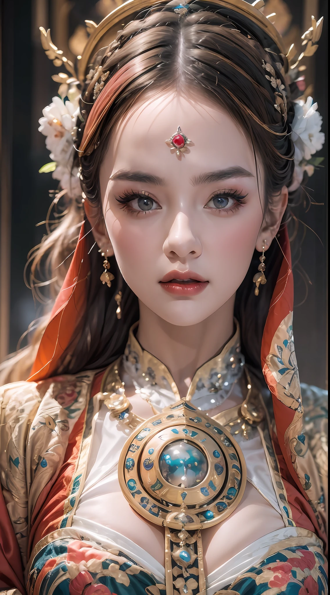 portrait of a beautiful 20 year old holy woman, wearing a thin multicolored silk dress, beautiful face without blemishes, ((natural smile:0.3)), Mouth closed, ((7-color hair length:1.2)), big crown, hair brooch, hanfu dress, chinese ancient style, full body jewelry, forehead tattoo, super even chest, face, red lips, delicate pink and white eyes (white and detailed) cinematic, light and dark, dramatic lighting, magical light, extremely detailed light, true color, super sharp, realistic, 8k quality, fantasy universe background, saints and magical space, the most detailed images, Exhibition photo, awarded, Eye-catching bright tone effect,