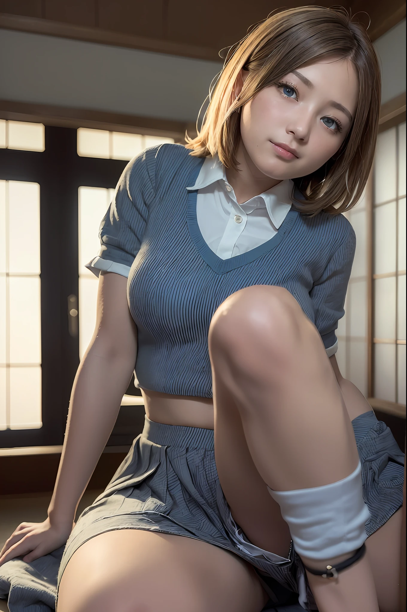 ((top-quality、masterpiece:1.3))、((Russian beauties))、1 female、years、large full breasts:1.1、Slender body type:1.6、Toned abs、((Blonde short bob)、((Japan scrl uniform:1.5))、Super Detailed Face、Detailed lips、detailedeyes、二重まぶた、Plump smile、blue-sky、clouds、Looking to the right、blue eyess、wide Shots、(((dynamicposes)))、(camel's toe)、(half)、(panthyhose)、(Sitting on legs bending the knees))