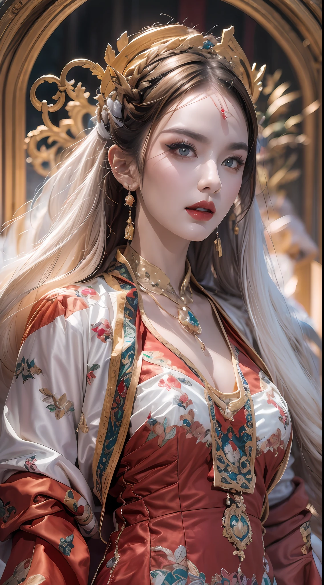 portrait of a beautiful 20 year old holy woman, wearing a thin multicolored silk dress, beautiful face without blemishes, ((natural smile:0.3)), Mouth closed, ((7-color hair length:1.2)), big crown, hair brooch, hanfu dress, chinese ancient style, full body jewelry, forehead tattoo, super even chest, face, red lips, delicate pink and white eyes (white and detailed) cinematic, light and dark, dramatic lighting, magical light, extremely detailed light, true color, super sharp, realistic, 8k quality, fantasy universe background, saints and magical space, the most detailed images, Exhibition photo, awarded, Eye-catching bright tone effect,