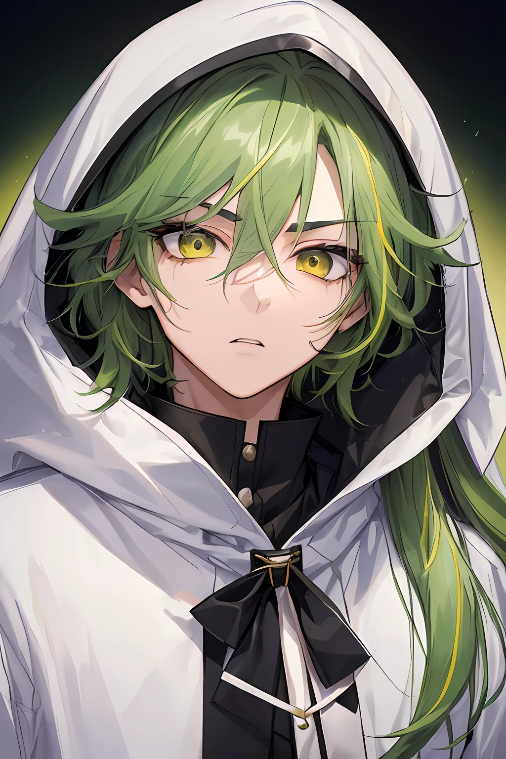 KK, top-quality, detaileds, masterpiece, ((1boy)), (green streaked hair、green highlights hair、Black hair with green highlight hair)、portraitures, male focus, Thread-thin eyes、(((Narrow-eyed)))、Facing the front、独奏, bangss, looking at the viewers, hoods, shorth hair, Sateen, Tokyo Tokyo \(sity\), Hood Up, manicure, white hair, opulent, 8K, detaileds, Ray traching, depth of fields, 电影灯光,male people、ember