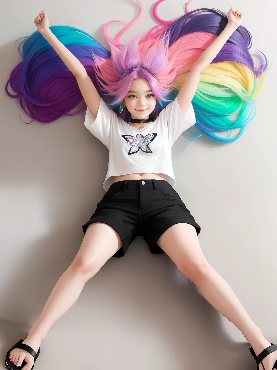 a girl, cute face,smile, rainbow hair, Fluttering hair, choker ,white T-shirt, sandal, black short pant .fresh, enelgey, natural light