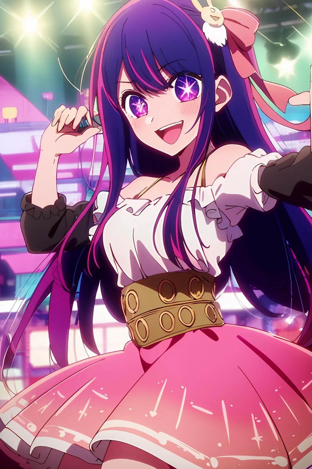 masterpiece、ighly detailed、(1 girl in:1.2)、purple color hair、pink dress、big eye、a closeup、A smile、8K、Ai Hoshino、Live performance venue、piece