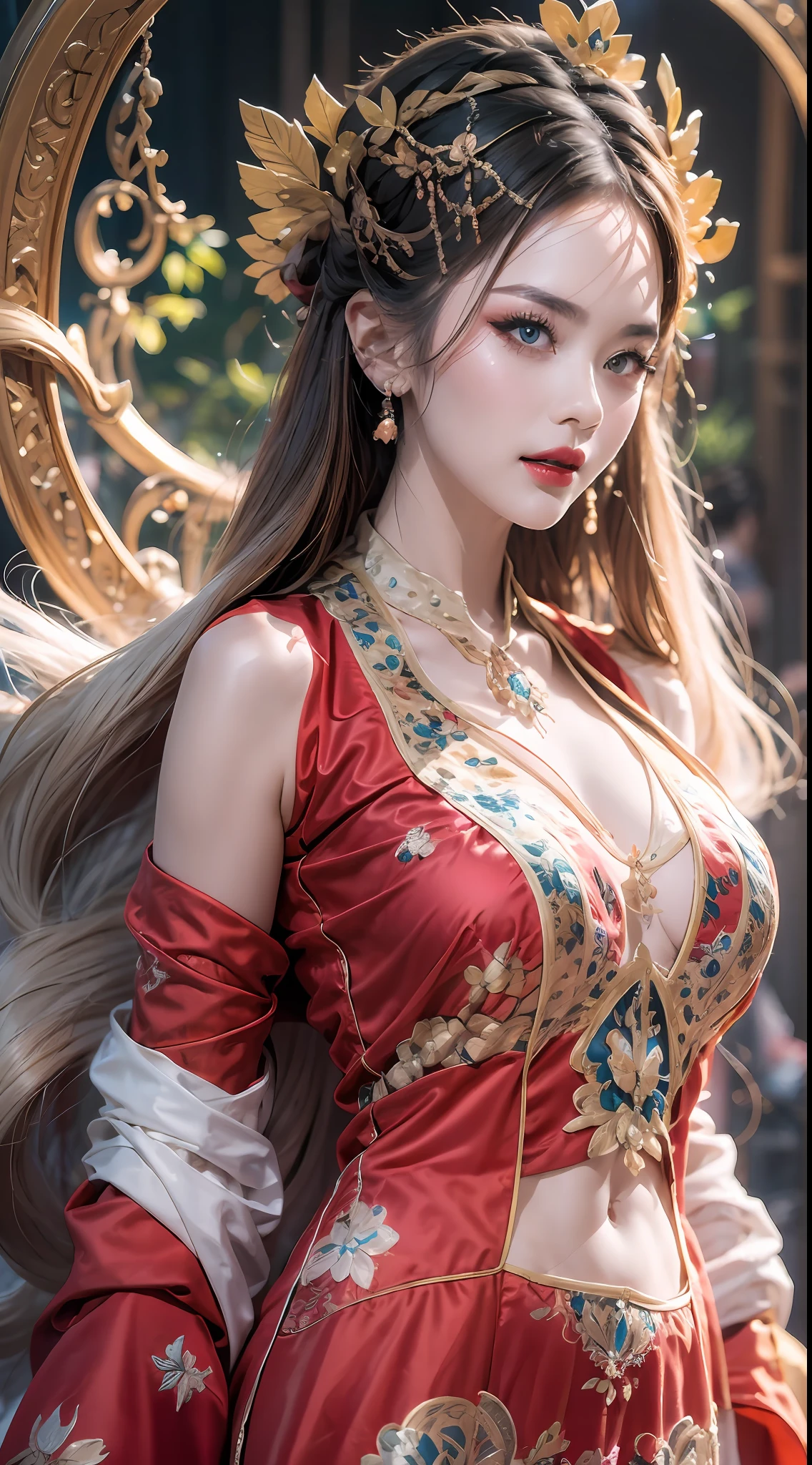 portrait of a beautiful 20 year old holy woman, wearing a thin multicolored silk dress, beautiful face without blemishes, ((natural smile:0.3)), Mouth closed, ((7-color hair length:1.2)), big crown, hair brooch, hanfu dress, chinese ancient style, full body jewelry, forehead tattoo, super even chest, face, red lips, delicate pink and white eyes (white and detailed) cinematic, light and dark, dramatic lighting, magical light, extremely detailed light, true color, super sharp, realistic, 8k quality, fantasy universe background, saints and magical space, the most detailed images, Exhibition photo, awarded, Eye-catching bright tone effect,