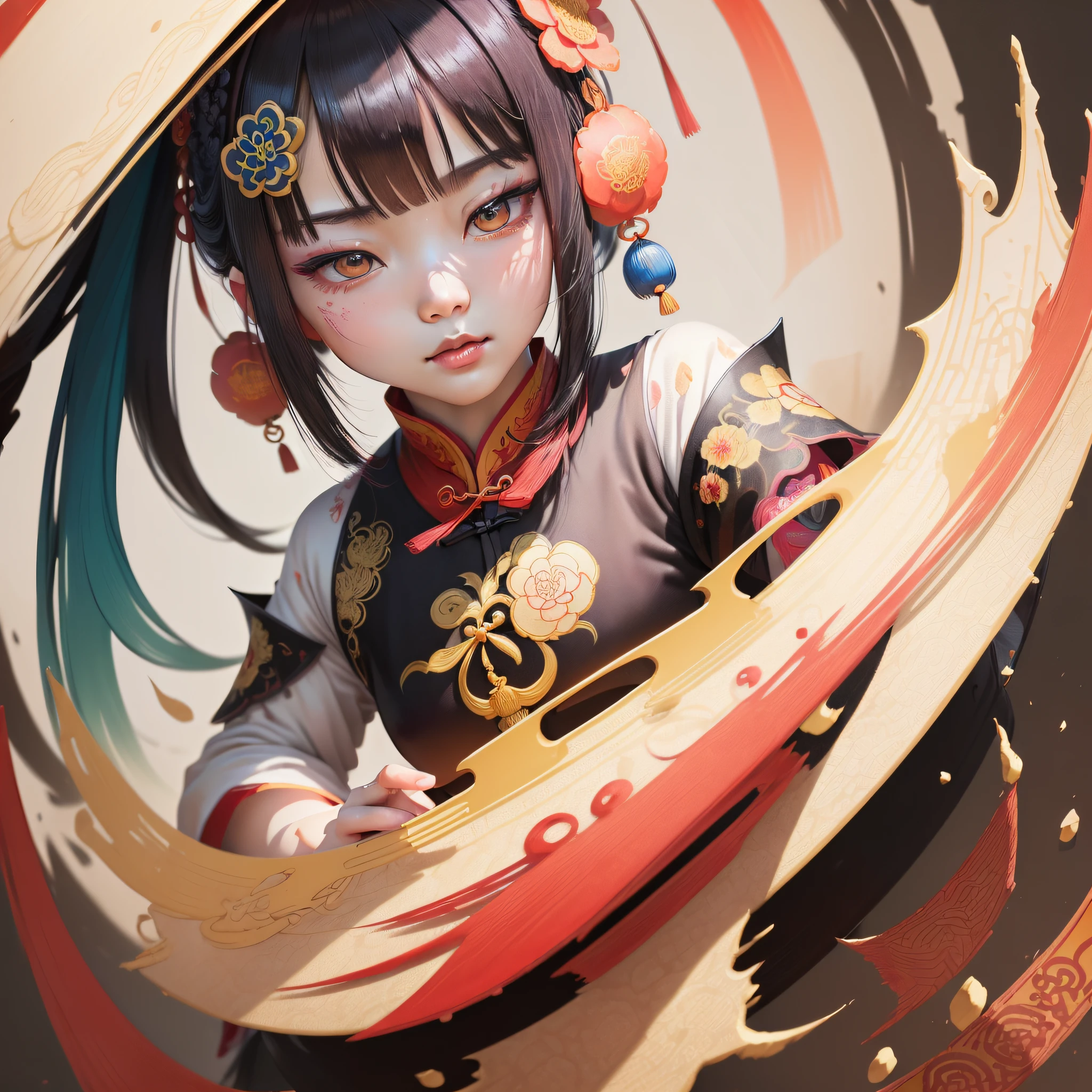 Colorful painting, ((chinese colorful ink)), (((Chinese color ink painting style))), (((Masterpiece))),(((best qualtiy))),((Ultra-detailed, very precise detail)),
(((1girll,Solo,Yue Zhengling, Delicate beautiful face))),(Floating),(illustration),(Amazing),(Absurd),((Sharp focus)), ((Extremely detailed)), ((High saturation)), (surrounded by color ink splashes),((Extremely detailed body)),((Colorful))