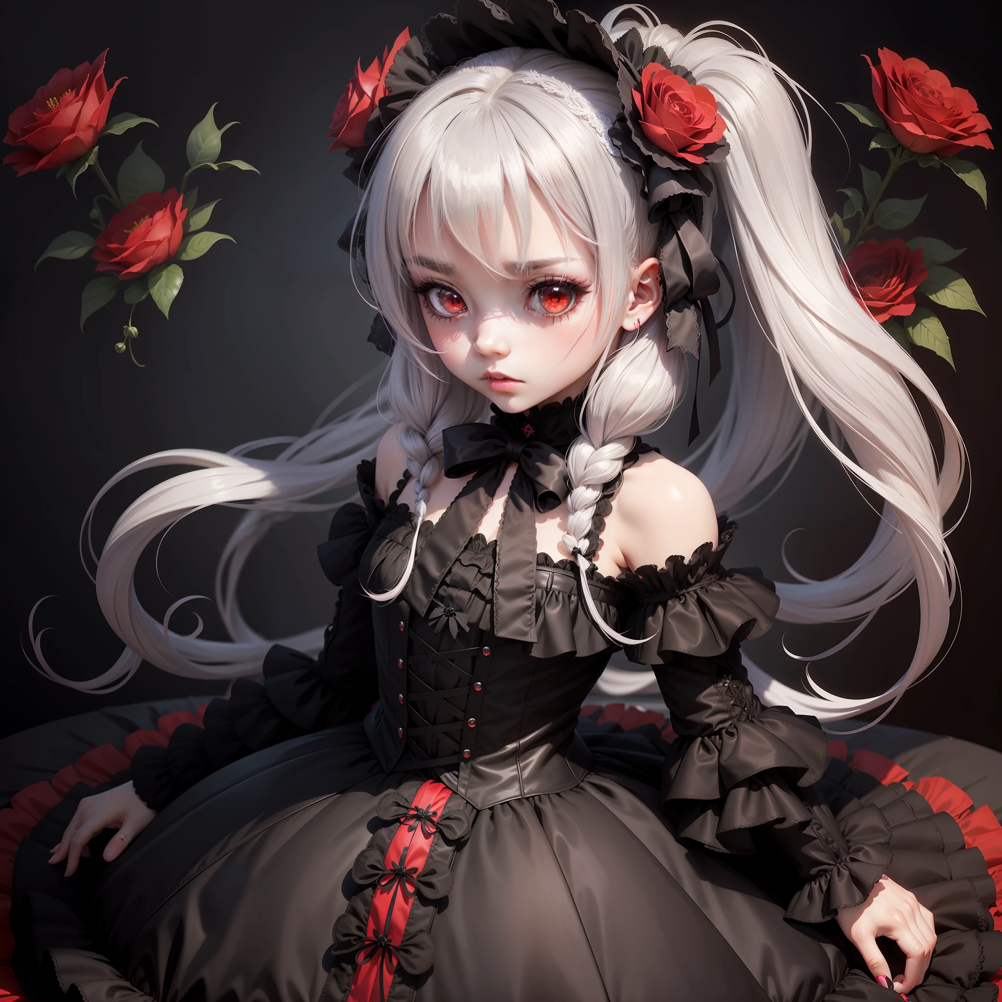 Gothic_Lolita, top-quality, ultra-detailliert, 1girl in, Chibi, Black clothe, de pele branca, flowers background, Red Eyes, Lolita Hair Band, Silver hair, longeyelashes, Empty eyes, yandere, masutepiece,Red Eyes，deadpan，Eyes without highlights，Don't look here，poneyTail