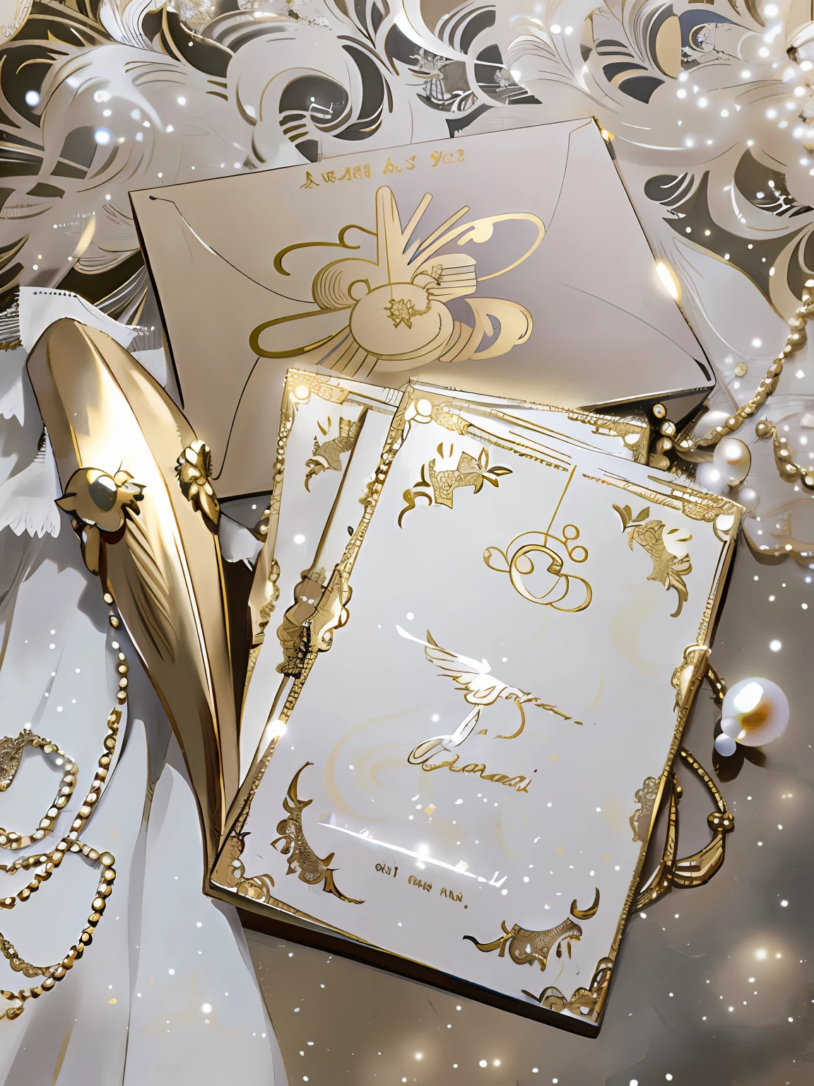 Golden envelope, gold， anime beautiful peace scene， art work, ethereal fairytale, Dreamy atmosphere, Sit in a gilded envelope，There are pearls next to it, white and gold color scheme, romanticism art style，higher details