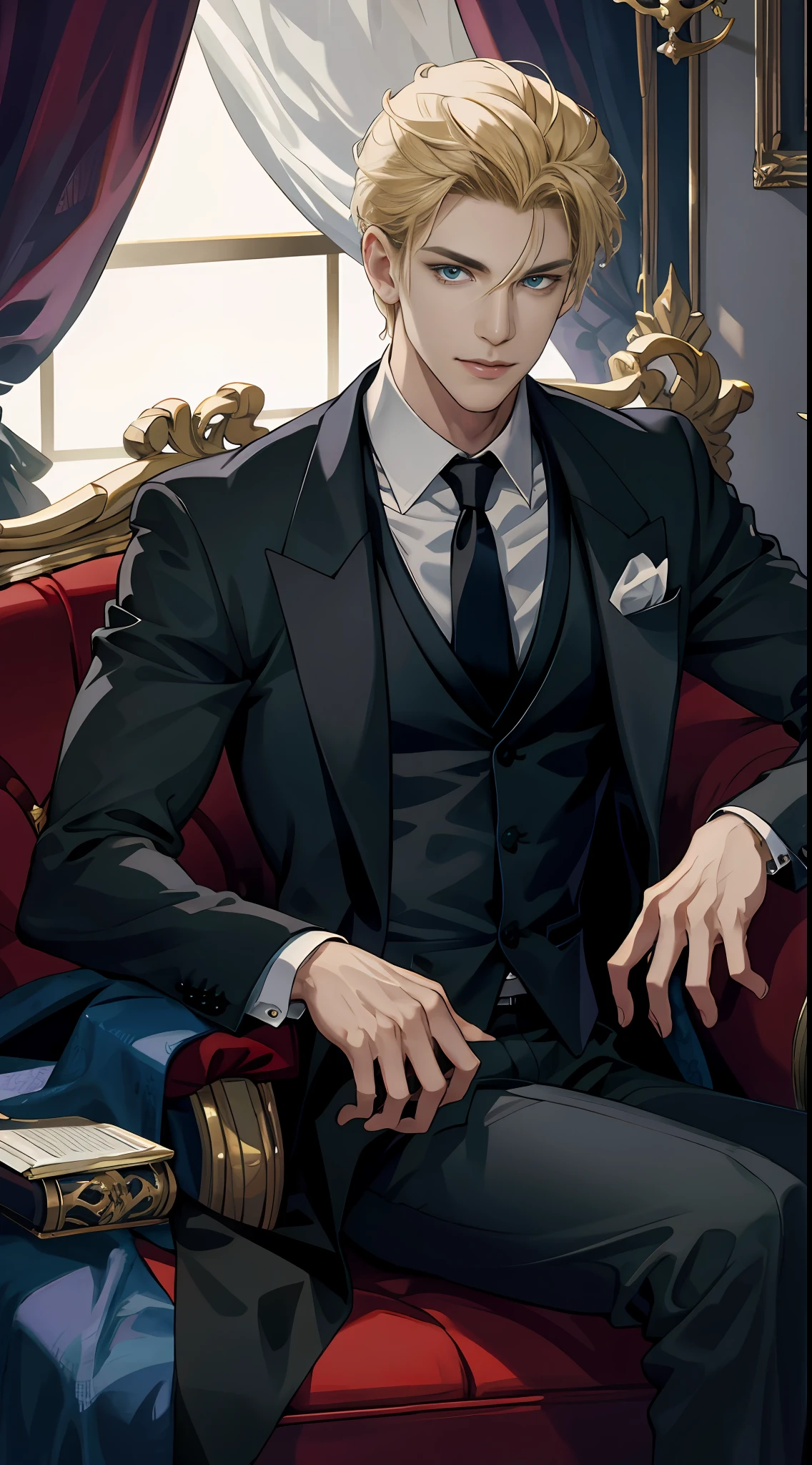 (tmasterpiece,A high resolution,ultra - detailed:1.0),(1 boy,Young male:1.3),(Perfect male body),a broad shouldered,strong,(masculine face),(A mafia boss),Adult Male, Delicate eyes and delicate face,Extremely detailed CG,Unity 8k wallpaper,Complicated details,evilsmile,Half-closed eyes,(Seductive gaze),looking to the camera,Show forehead,(A seductive smile), Wearing a three-piece suit in pure black.,blond hairbl,solo person, upperbody closeup, facial closeups,Detailed background, Detailed face, (Mafia theme:1.1), Sit on the sofa,(Dilit interior),Luxury living room,floor to ceiling window,half-body portrait