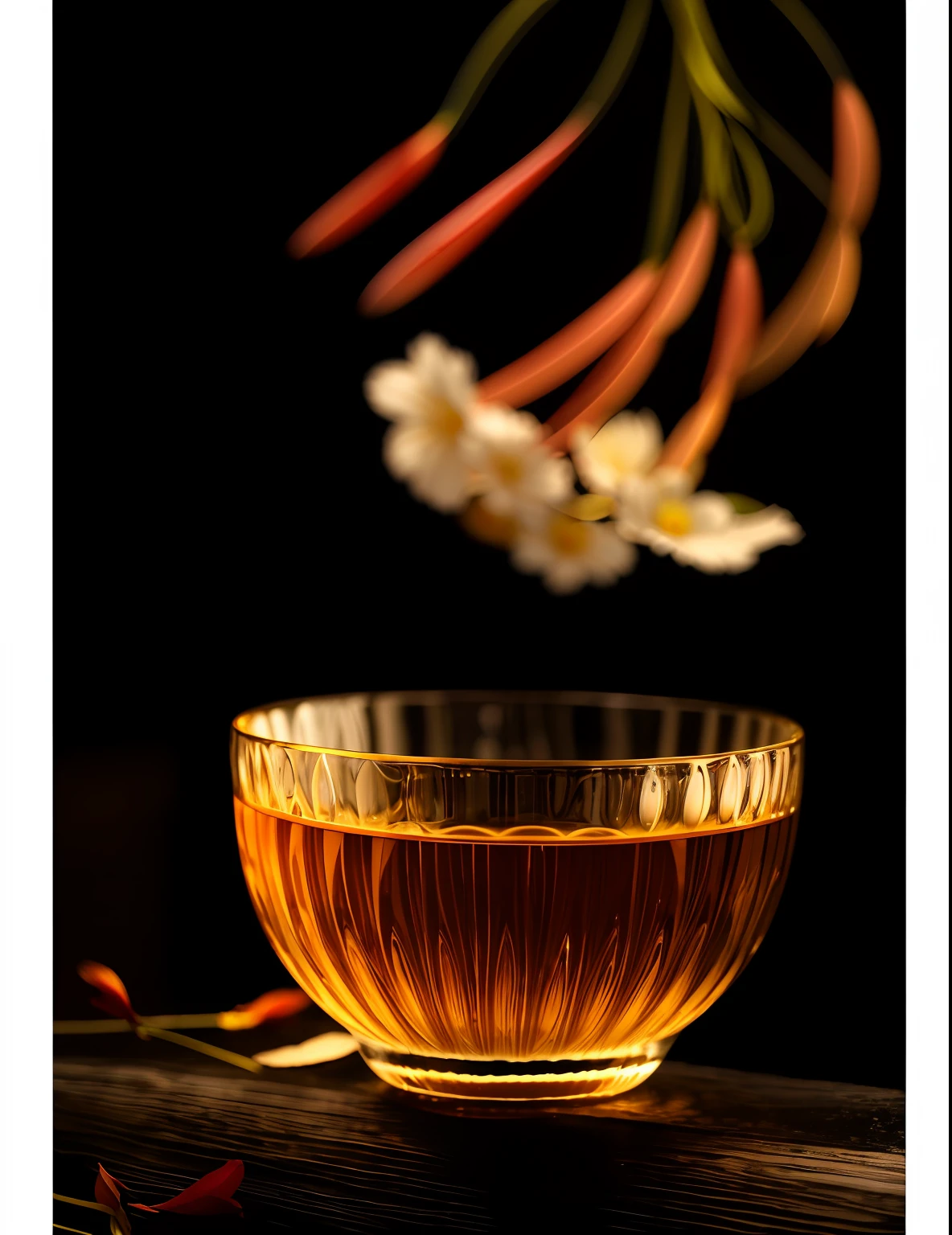 There was a glass bowl,There is liquid in it, floating in perfume, anna nikonova, inspired by Méret Oppenheim, Is ((drink a tea)), inspired by Kanō Shōsenin, inspired by Alexander Fedosav, the sacred cup of understading, in style of thawan duchanee