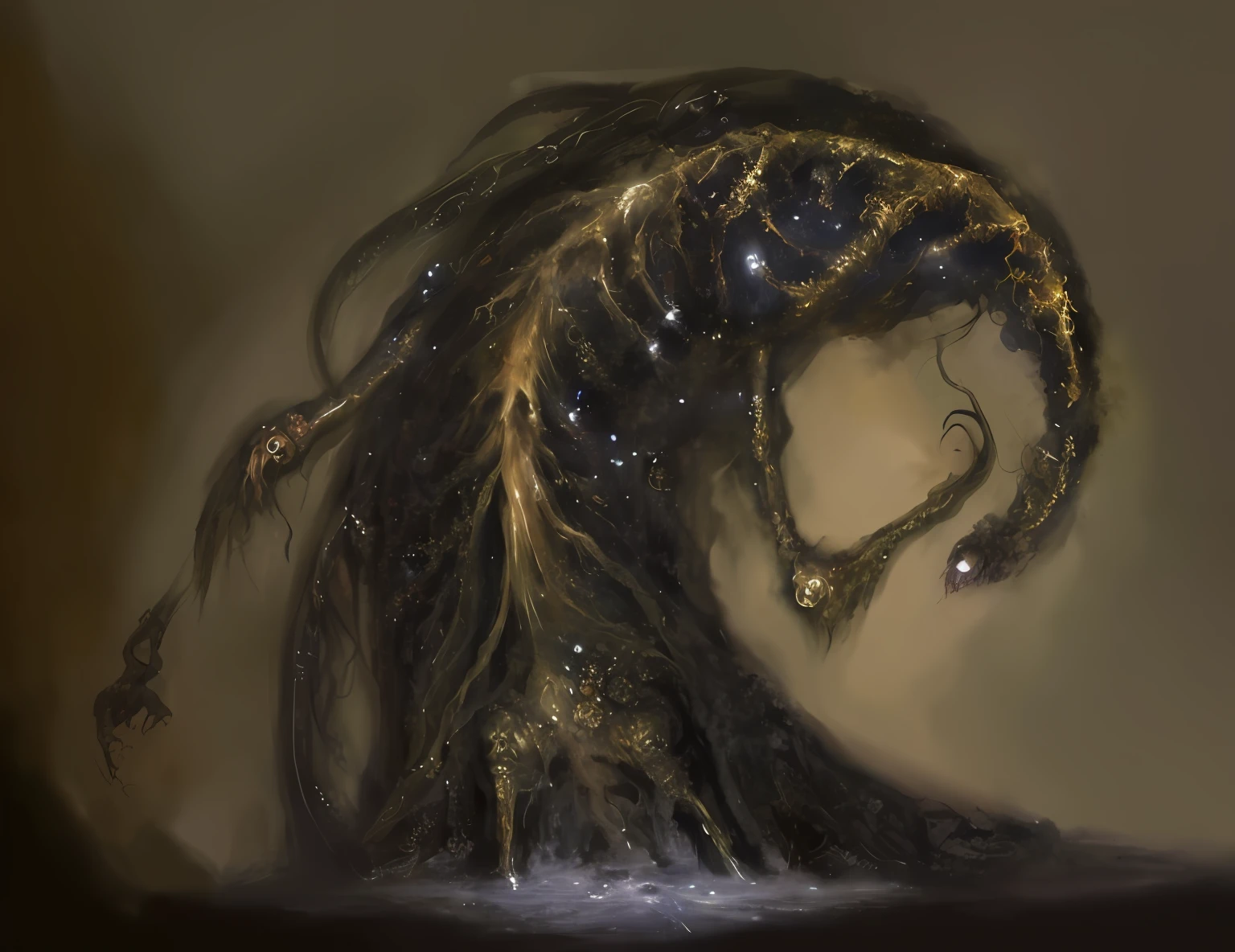 Painting of a woman with long hair and a skull on her head, cosmic horror concept art, Hastur, cosmic horror creature, arte conceitual dark soul, conceito de alma escura, Arte conceitual de Dark Souls, Hastur, o Rei em amarelo, arte conceitual da criatura, arte conceitual monstro, Arte conceitual de darksouls, Uma entidade Eldritch, resident evil virus concept art