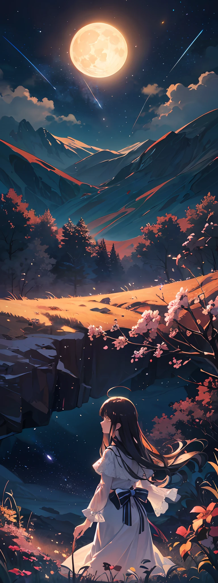 Expansive landscape photograph, (view from below with a view of the sky and the wilderness below), standing in a flower field looking up, (full moon: 1.2), (shooting star: 0.9), (nebula: 1.3), distant mountain, tree break production art, (warm light source: 1.2), (firefly: 1.2), lamp, purple and orange, intricate detail, volume lighting BREAK (masterpiece: 1.2), (highest quality ), 4k, ultra-detailed, (dynamic configuration: 1.4), highly detailed and colorful details (iridescent: 1.2), (sparkling lighting, atmospheric lighting), dreamy, magical, (solo: 1.2) --auto --s2