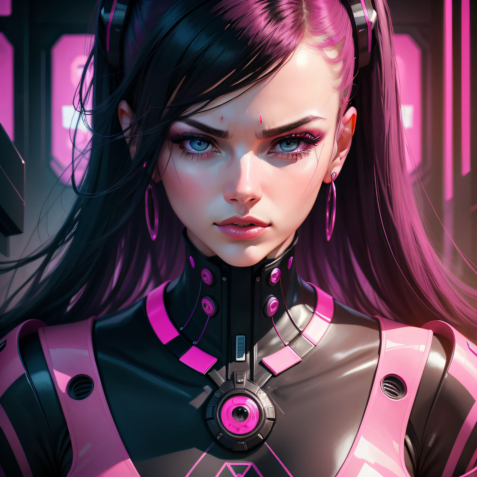 'robotic woman', fuschia in the style of mind-bending murals, elegant, emotive faces, cyberpunk futurism, porcelain, bold geometrics, cyberpunk paint based, matte palette