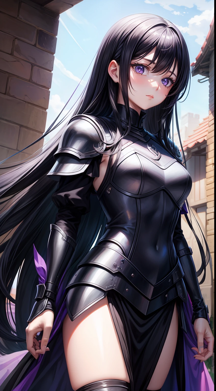 young girl, Long black hair, violet eyes, Men's armor, Masterpiece, hiquality