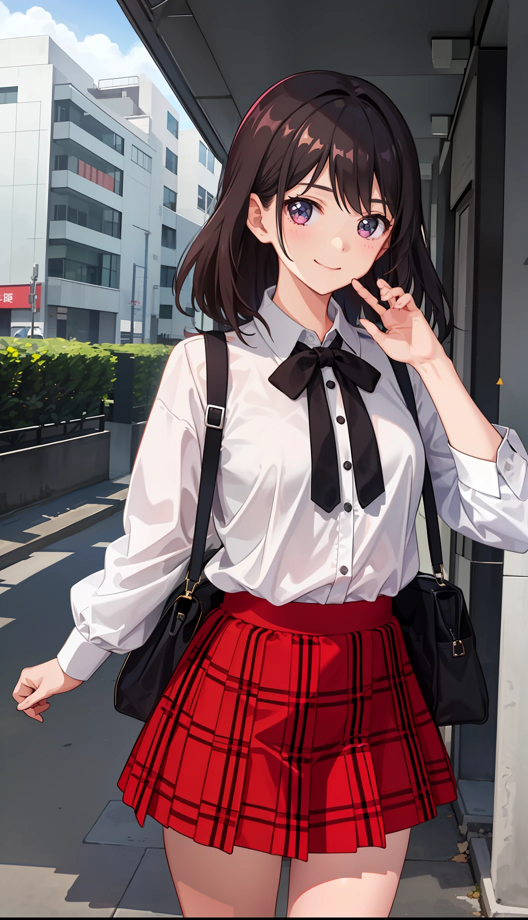 1girl in、A smile、The shirt、Blouse、Plaid skirt、（small tits）Chilarism、movement、