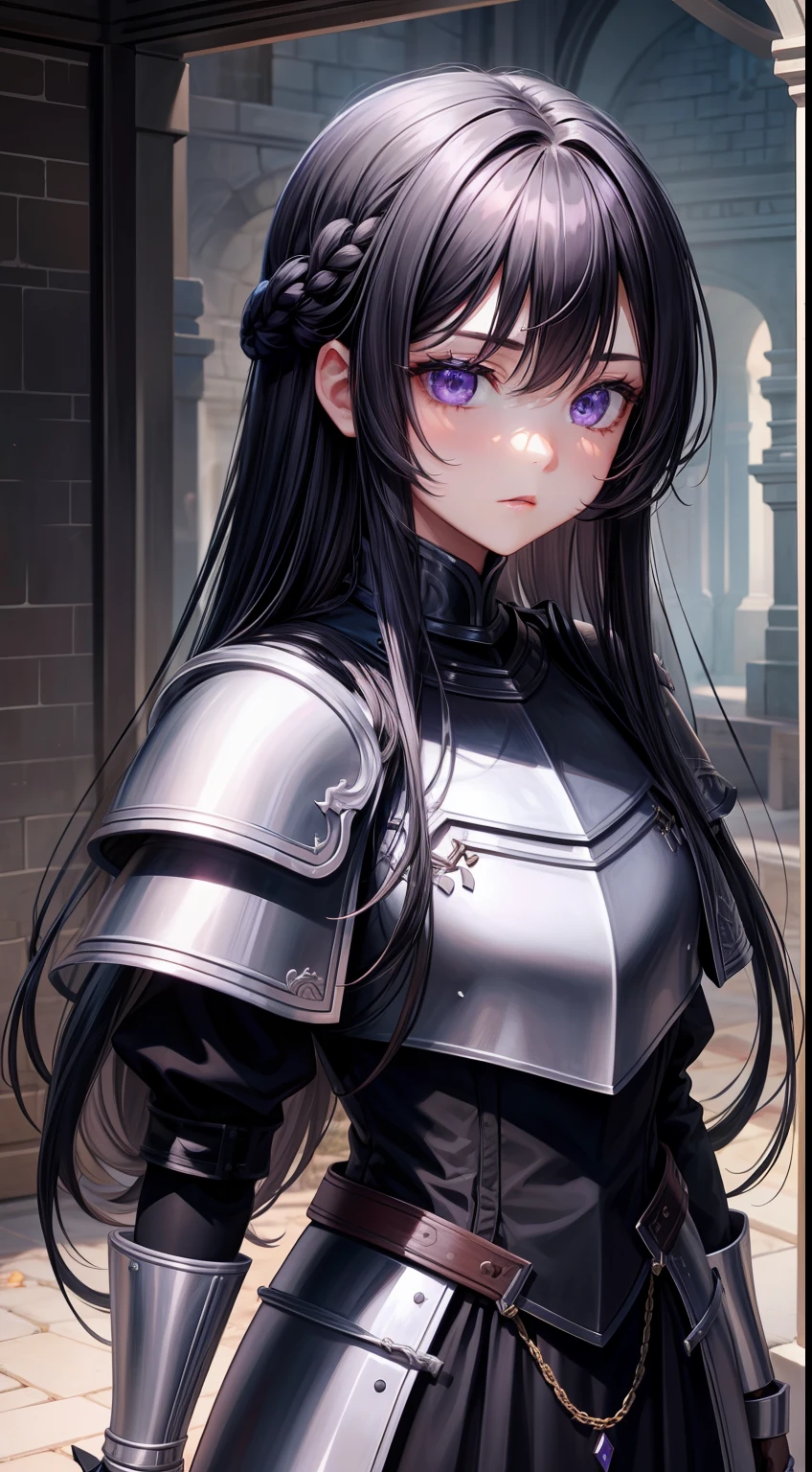 young girl, Long black hair, violet eyes, Men's armor, Masterpiece, hiquality