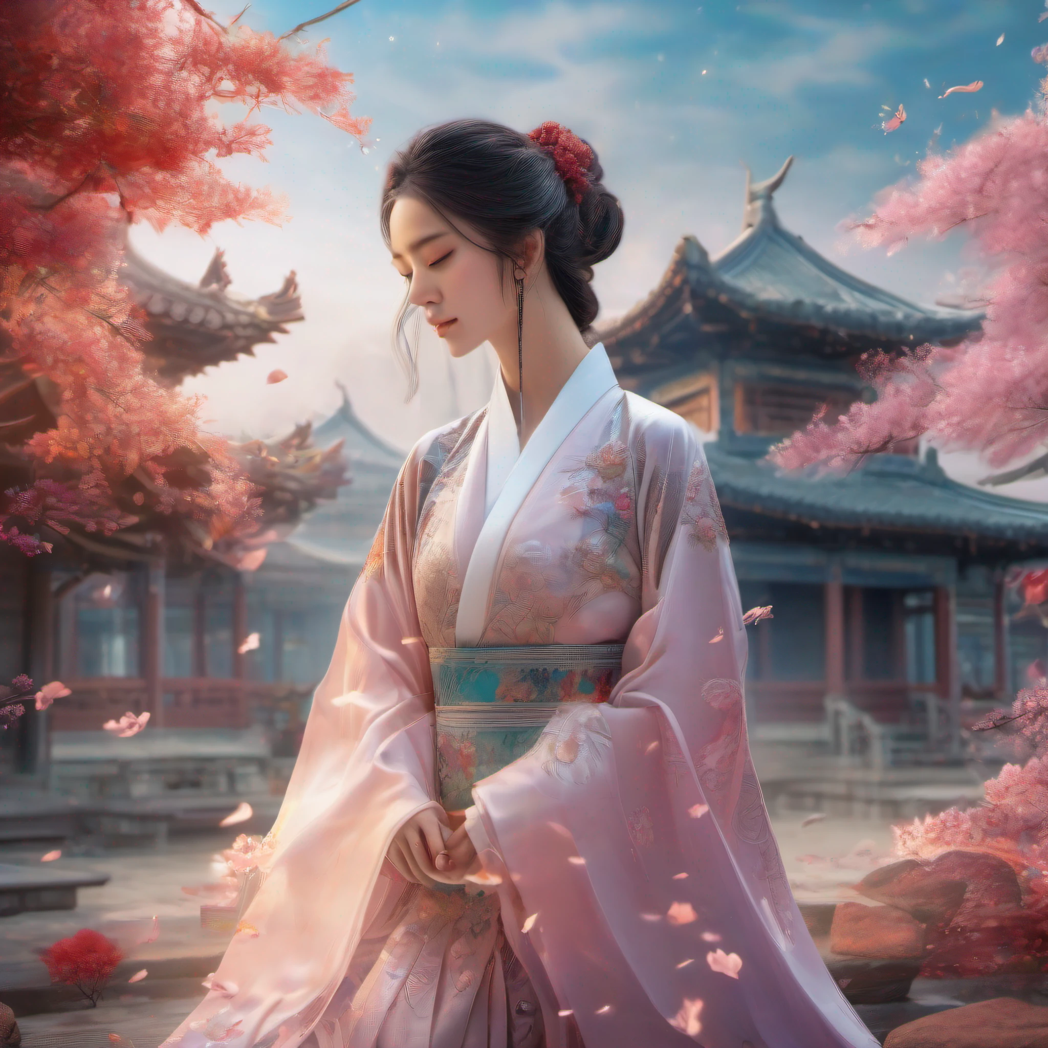 zhongfenghua, 1girl, solo, hanfu, ancient_chinese_architecture, flower field, blossom, (white smoke:1.3) (photorealistic:1.4), zentangle, mandala, entangle, official art, unity 8k wallpaper, ultra detailed, beautiful and aesthetic, masterpiece,best quality, (dynamic angle:1.4), glowing skin, (floating colorful sparkles:1) the most beautiful form of chaos, elegant, a brutalist designed, vivid colours, romanticism depth of field exotic_dance