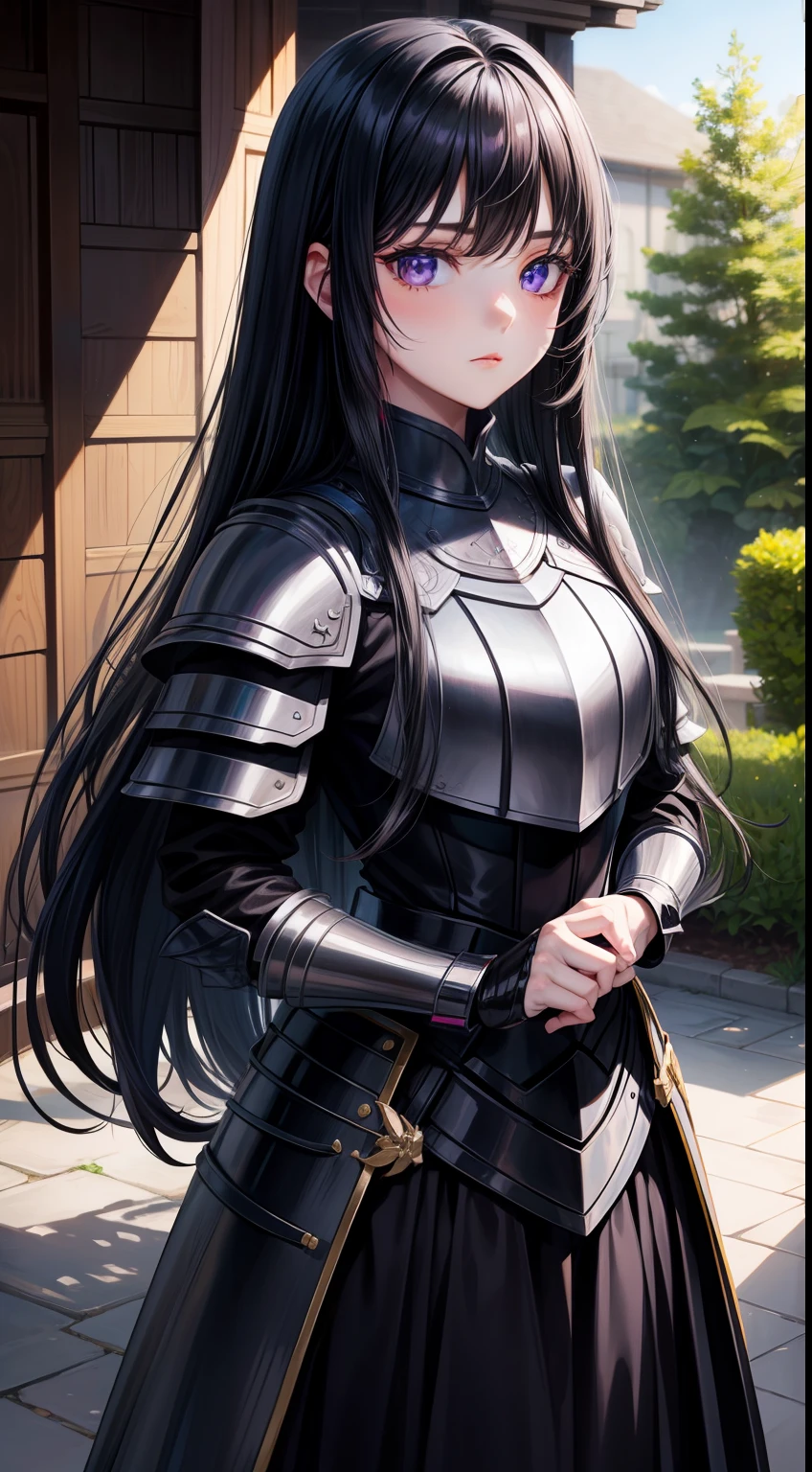 young girl, Long black hair, violet eyes, Men's armor, Masterpiece, hiquality