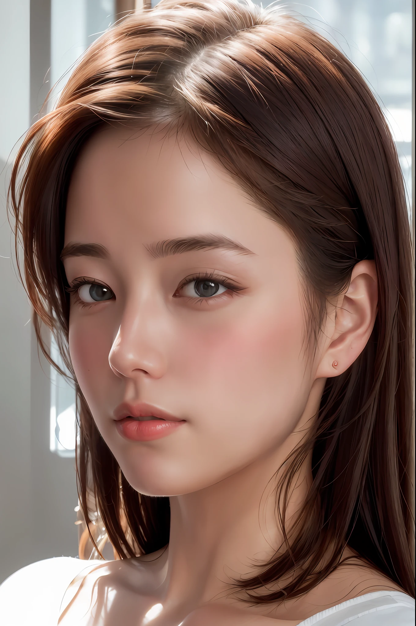 dress， （photograph realistic：1.4）， （Ultra photo realsisim：1.4）， （realisticlying：1.3），
（Smoother lighting：1.05）， （increase cinematic lighting quality：0.9）， 32K，
1girll，20岁女孩，realistic illumination，The light from the back window is backlighted，light in face，Ray traching，（Brighten light：1.2），（enchanced quality：1.4），
（Best quality real textured skin：1.4），Fine Detailed Eyes，finerly detailed face，finely quality eyes，
（Tiredness, sleepiness, satisfaction：0.0），closeup of face，tee shirt，
（Increased Body Line Mood：1.1），（Increases skin texture and beauty：1.1）full bodyesbian，