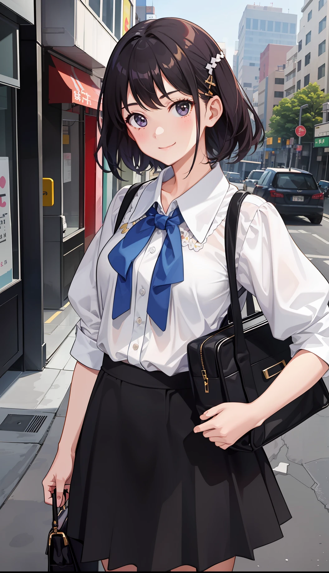 1girl in、A smile、The shirt、Blouse、Plaid skirt、(small tits)Chilarism、movement、