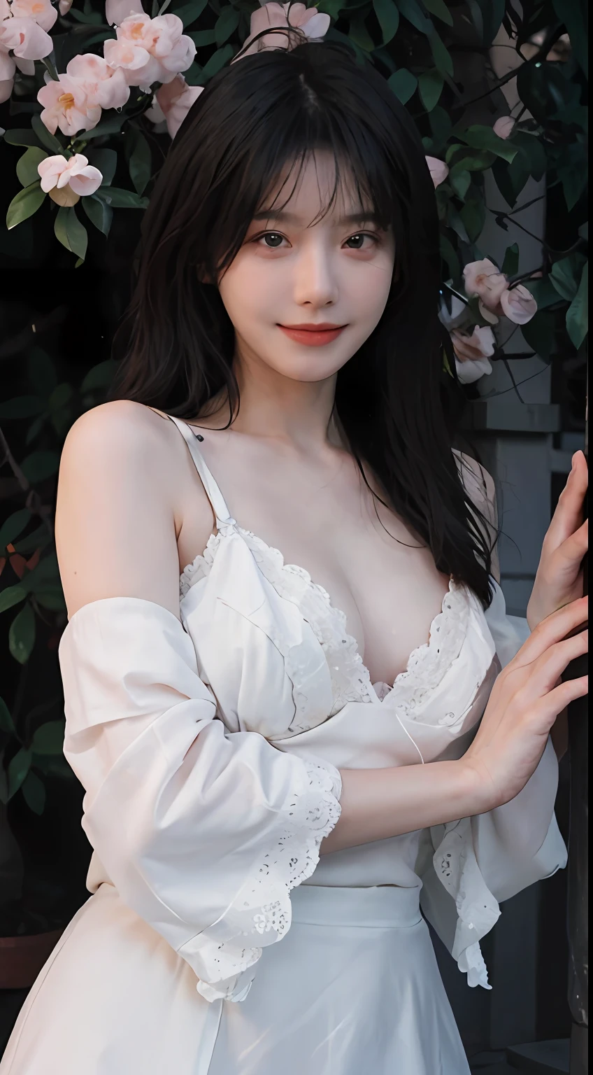 best qualtiy, 超高分辨率, (realisticlying:1.4), one-girl,Long azure hair,white dresses, Long legs, beautifullegs, high-heels, standing on your feet, Perfect full body, A pair of clear and moving peach blossom eyes,Royal Sister,Fair skin,gem-like eyes,full bodyesbian,a sense of atmosphere,a beauty girl, ssmile, head straight-looking at viewer, closeup cleavage ,(Photorealistic:1.4),1girll,Sexy,(Orange lace bra:1.1),(Big breasts:1.1),(Upper body:1.4),(Wet body),(:1.4)