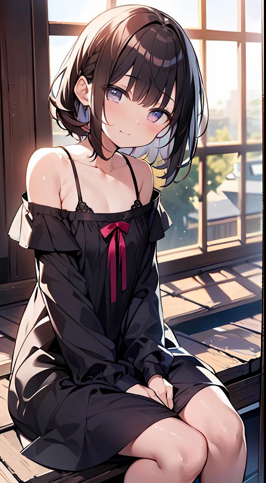 (top-quality、32K image quality、masterpiece、nffsw:1.2)、a cute loli、Medium short hair、short braiding、beauitful face、Ultra-detailed details、(Slouched:1.3)、at the sunset、crouching down、(From above:1.3)、(a closeup:1.4)、small curvy loli、((You can see the chest))、Bust Up Perspective、Loose baggy big shirt、(beautiful nipple slips:0.9)、outside of house、the wind、shinny skin、blurry backround