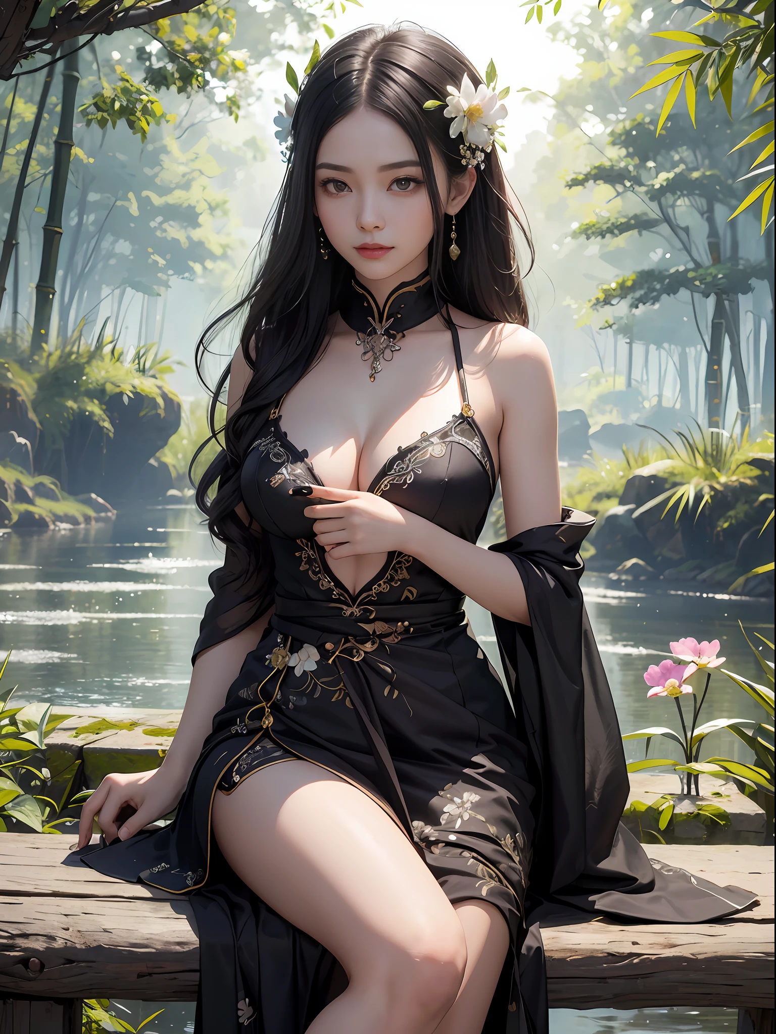 Unbeatable masterpiece, Ultra photo realsisim, Perfect artwork, Intricate details, Best quality, Strong light,High contrast,Masterpiece , Original , (illustration: 1.1) , (Best quality) ,(Masterpiece: 1.1) , (Echo 0.5) , (tree: 0.5) ,(flower: 0.6) , (Bird: 0.2) , (Bamboo: 0.1) ,Lake , (in a panoramic view: 1.4) , (volume: 1.05)(Solo: 1.2) , (Splash ink) , (Splash color) ,(aquarelle) ,sharp and clear focus , [1girll ] ,(Chinese wind) , (Flowers and trees)Outdoors , Facing the camera , Make happy emojis , Gentle smile , Pure and beautiful face and eyes , Exquisite facial details , Beautiful face and delicate, Retouch details , Large breasts , (Barechest: 0.5) Black hair , Black-eyed Hangzhou , Wuchang said ,Wuchang said background(back arms) , Sitting , full bodyesbian ,