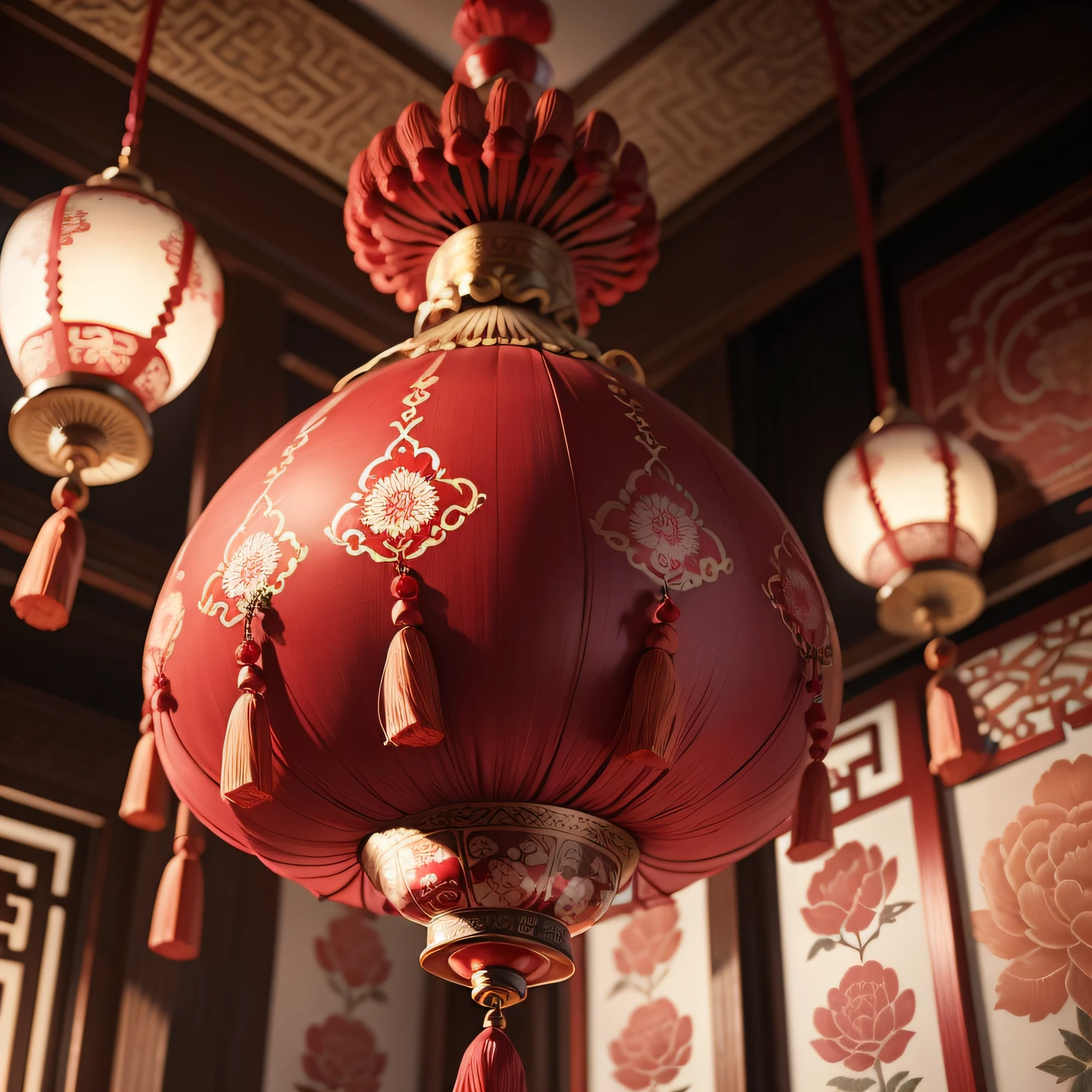photorealistic,realistic,A tassel pendant made from luxurious silk threads in a vibran

t red hue,adding a pop of color and texture.The traditional Chinese motif of the tasse

I is updated with modern materials for a fresh take on an ancient design.