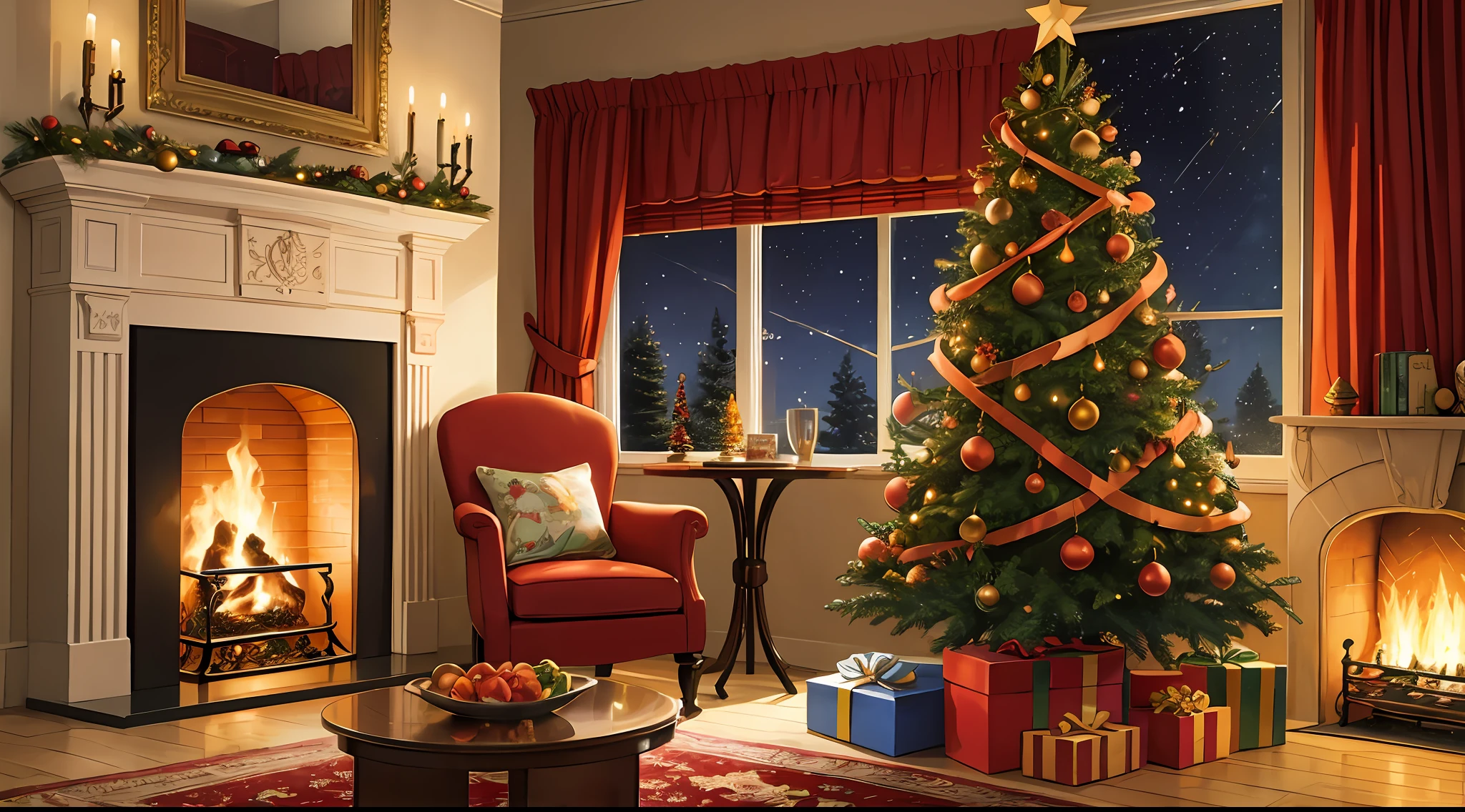 Christmas tree,Gifts,fireplace,the night,Cartoon illustration style,retro tone,(tmasterpiece,top Quority,best qualtiy,offcial art,Beauty and aesthetics:1.2),(1girl),Extremely detailed,(s fractal art:1.3),extremely colorful,Most detailed