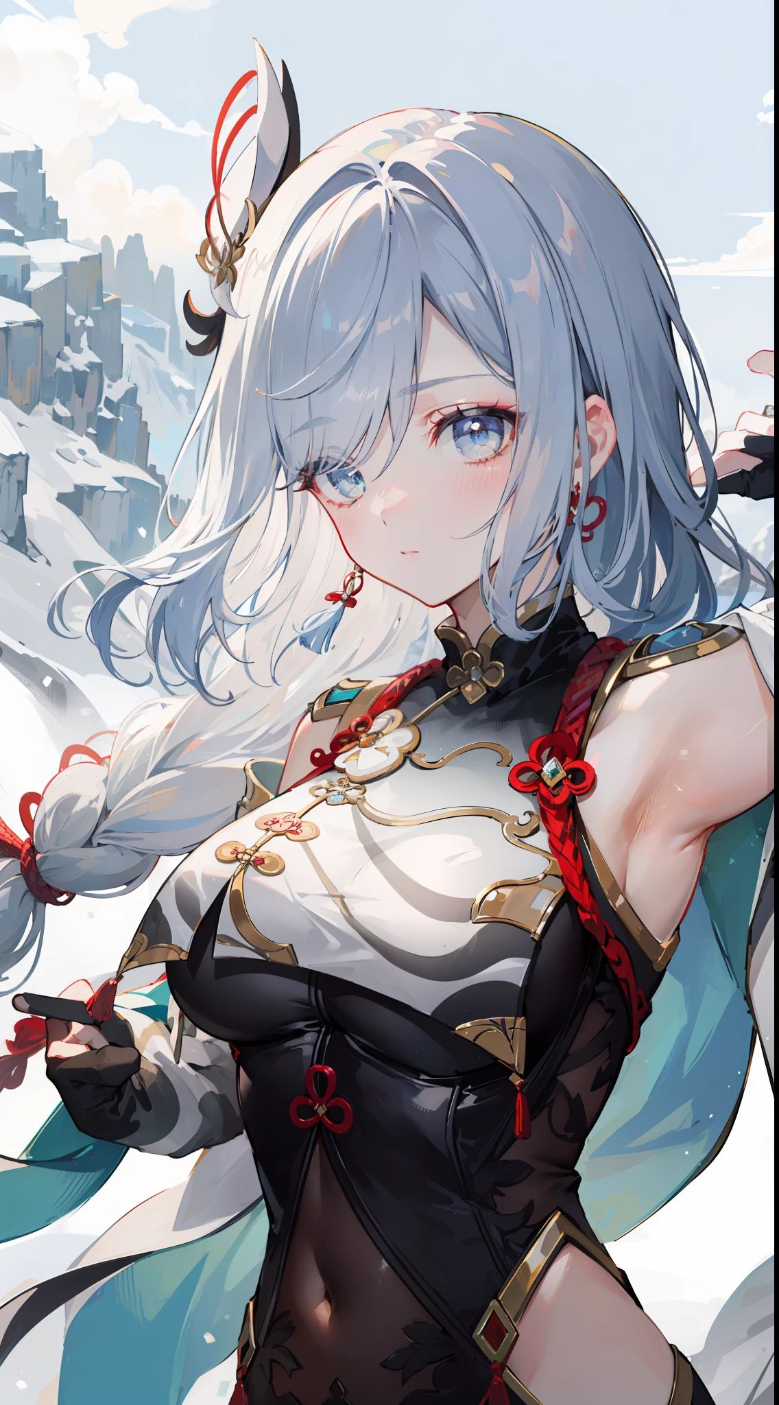 shenhedef, upper body, seductive look, blush, outdoors, snowflake scenery, looking at viewer, mountain, moody lighting, (perfect detail eyes:1.2), glowing eyes, (long hair one braid:1.2). armpit, (Masterpiece, Best Quality, High Quality:1.4), professional artwork, Intricate Details, field of view, sharp focus, detailed painting, photorealistic lighting, trending on pixiv, (vivid lighting, vibrant colors:1.05), realistic shadows, ambient occlusion,