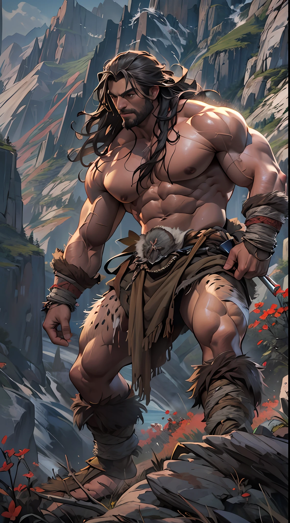 Muscular barbarian, upper body unclothed, legs uncovered from thighs to feet, flowing long curls, detailed muscular physique, lifelike representation, 4K resolution. Background: Wild untamed wilderness with rugged mountains,32k uhd, best quality, masterpiece, super detail, high details
