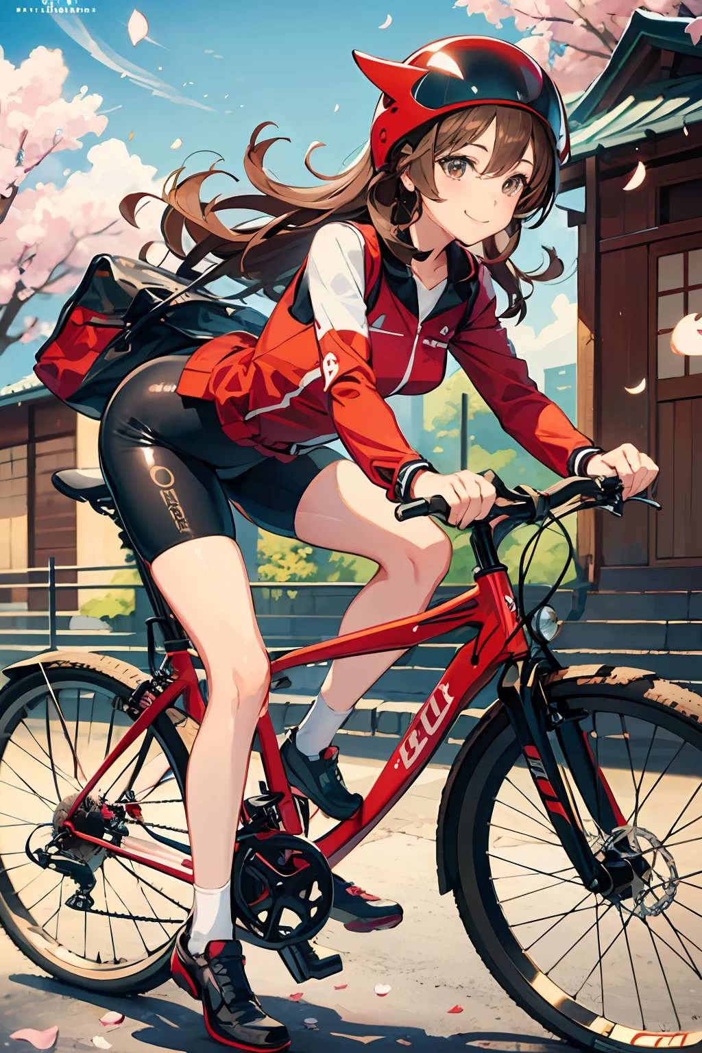 Ride a red bike down the hill,japanese animation,Cinematic,Sunlight,elegant girl ,big butts、Cheerful smile,(Black White Red Tight Bicycle Jersey,)Wearing a black-white-red bicycle helmet,big brest,( shiny short reddish-brown hair,)Cherry blossom with falling petals,Detailed hairstyles,Insanely detailed