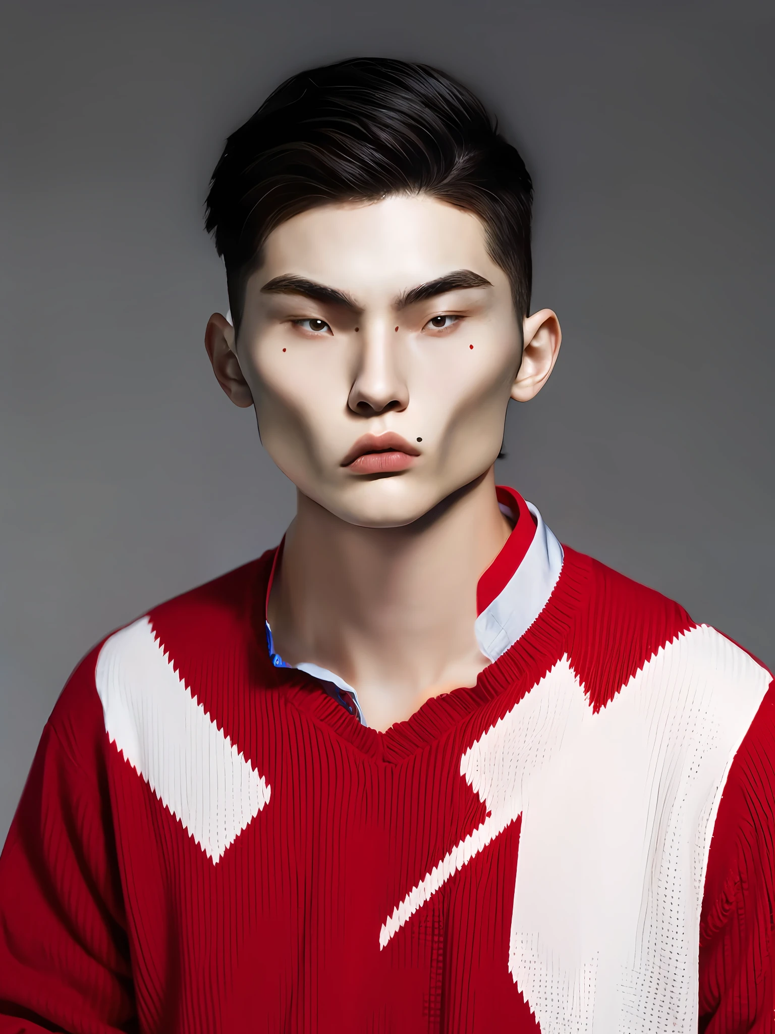 A Chinese male high school student，wearing a red sweater