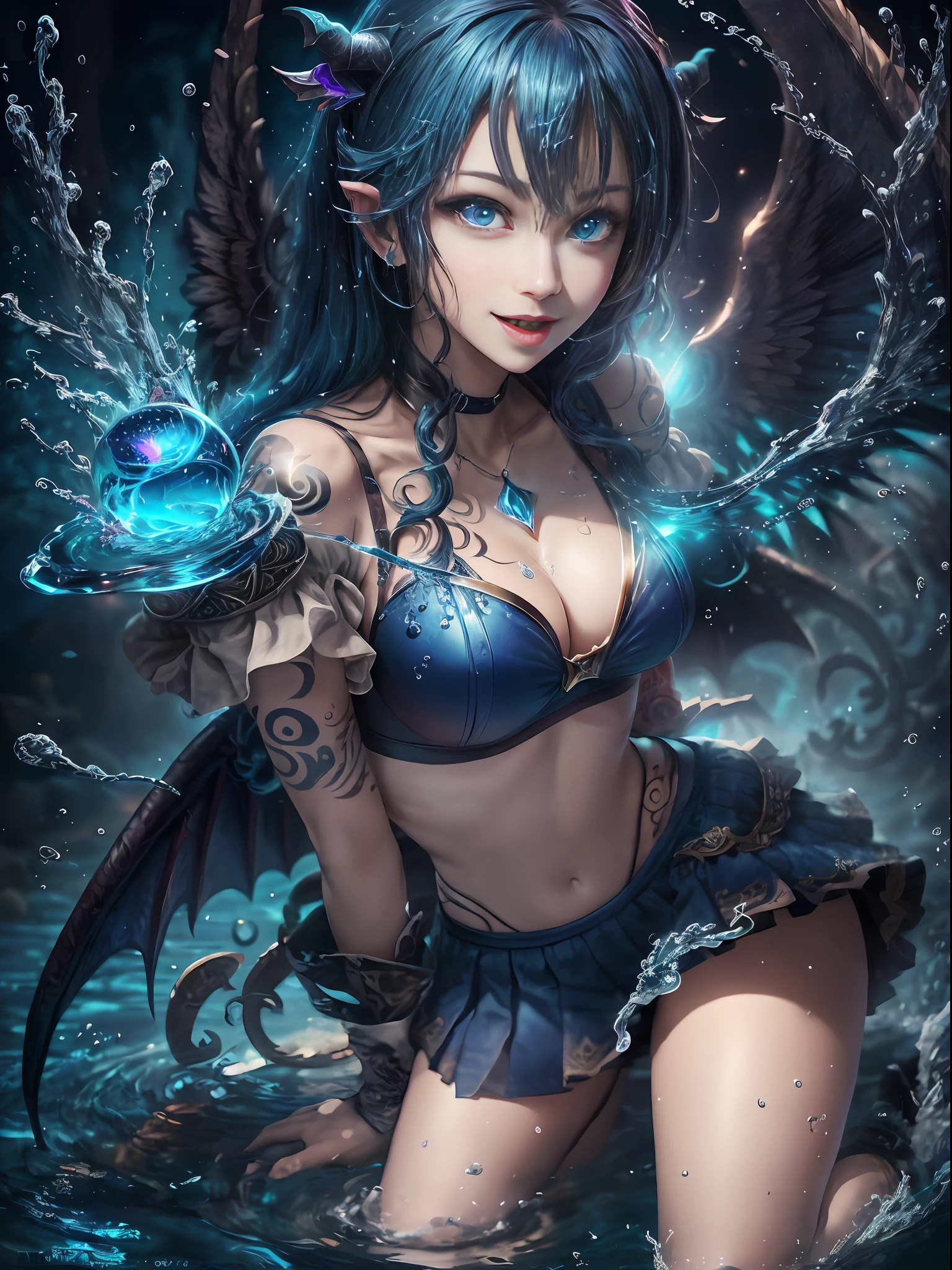 Blue color hair。a miniskirt。耳Nipple Ring。demonic wings。Fallen Angel。Yami Ochi。Evil Sickness。Diabolical。youngest son。Witches。Luminous Eyes。kosmos。huge smile。water element。water magic。Water weapons。Beauty manipulating water。Free water。Floating water(Award-winning digital works:1.3)(Sketched:1.3)、(Energetic:1.3)、cgsociety、art stations、(chroma:1.3)、(close portrait:1.3)、(femele:1.4)、(Beautiful fece:1.4)、(carismatic:1.3)、Elaborate Eyes、Studio Lighting、Theme Background。Luminous Eyes。blue hairs。particles floating。Poses in motion。Open mouth。Eye of the Heart。Kneeling。The tattoo。full bodyesbian。