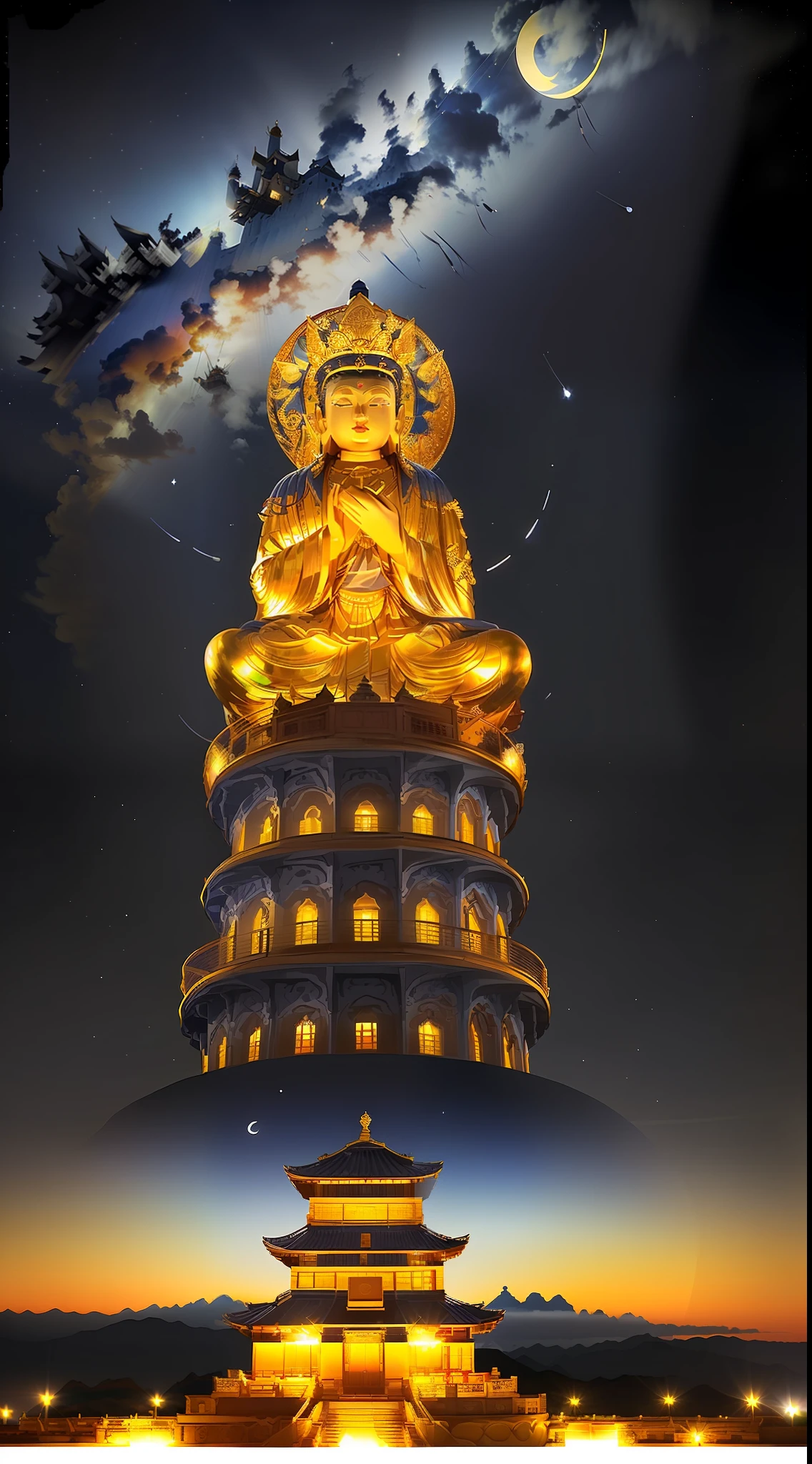 edd, Maitreya Bodhisattva,Maitreya, A huge golden Buddha statue sits in a room with blue ceiling and blue sky background with clouds, above_Clouds, Airship, aurora, bridge, Building, Castle, chimneys, City, City_lamp lights, Cityscape, clock, clock_Tower, Cloud, Cloudy_sky, constellation, Crescent_Moon, Desert, earth_\(planetes\), Fireworks, Floating_Island, fountain, milky ways, Glowing, house, Island, lamp post, lantern, Light_Particle, Milky_way, Moon, Mountain, Night, Night_sky, No_Humanity, planetes, scenery, Shooting_Star, sky, skylines, skyscraper, Snow, nevando, space, Star_\(sky\), Star_\(symbol\), Starry_sky, Starry_sky_print, Telescope, Tower, Town, Twilight, ships