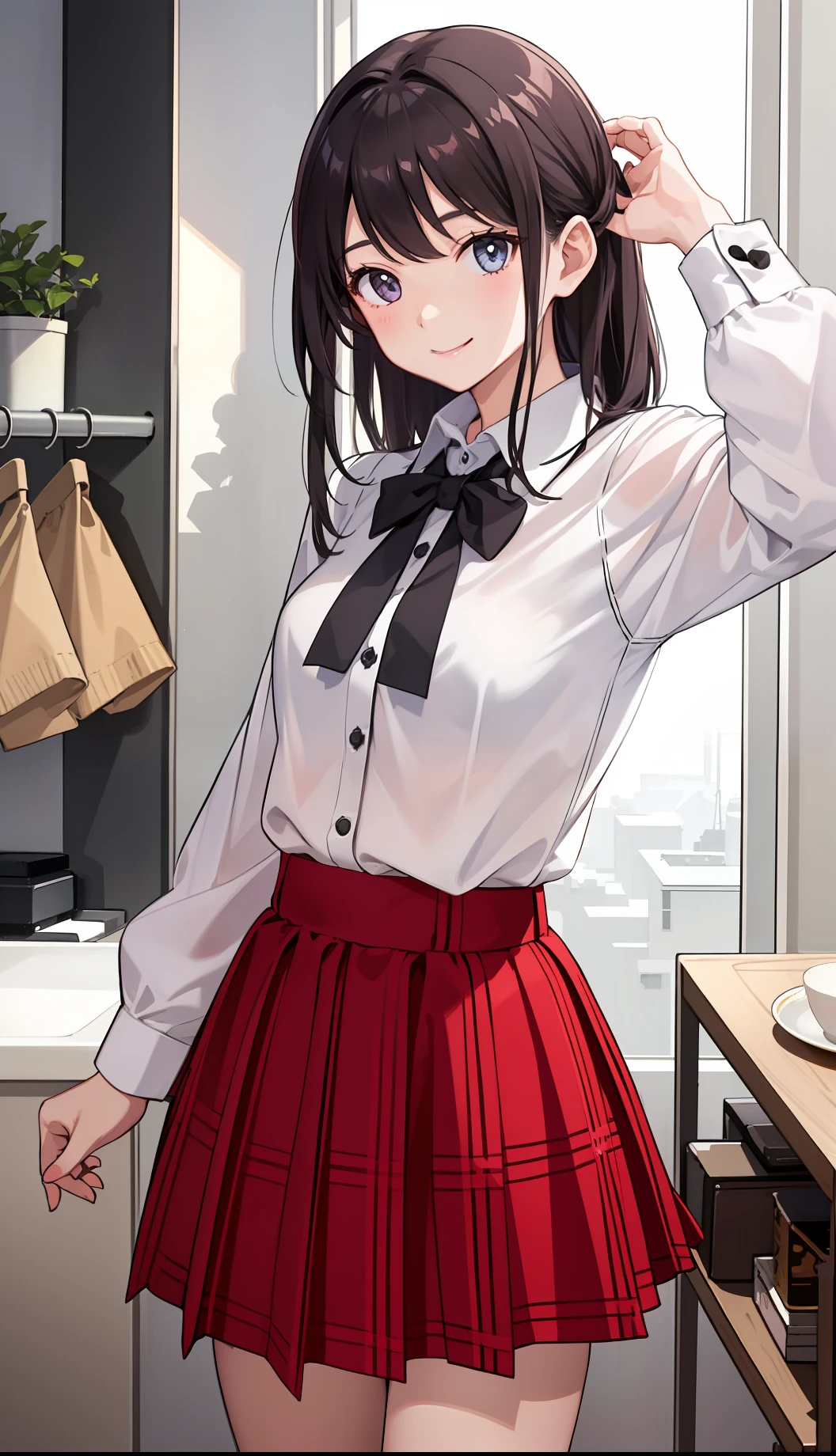 1girl in、A smile、The shirt、Blouse、plaid skirts、(small tits)Chilarism、movement、