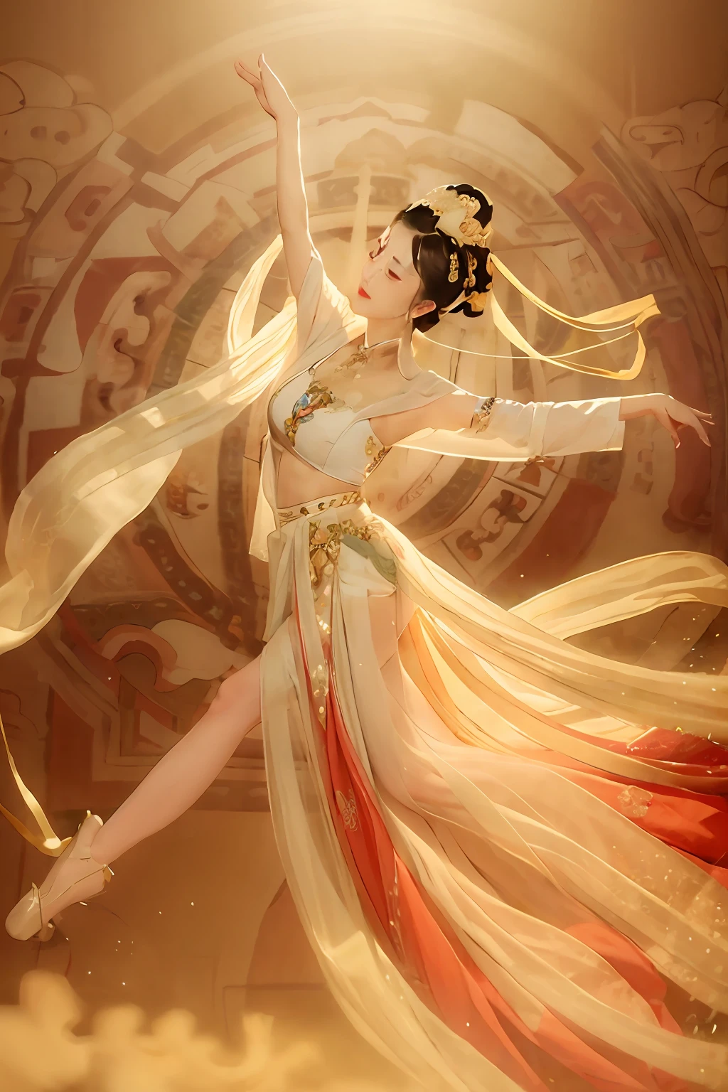 Chinese woman in Dunhuang flight suit jumping in the air, girl in white dress dancing, dancing gracefully, girl graceful, Wearing a white flowing dress, jiyun chae, Classy and Elegant, beautiful and graceful, elegant floating pose, Lu Ji, Dancer, Ballet dancer, she is floating in the air,Liu Yifei，exquisite facial features，k hd，high detal，