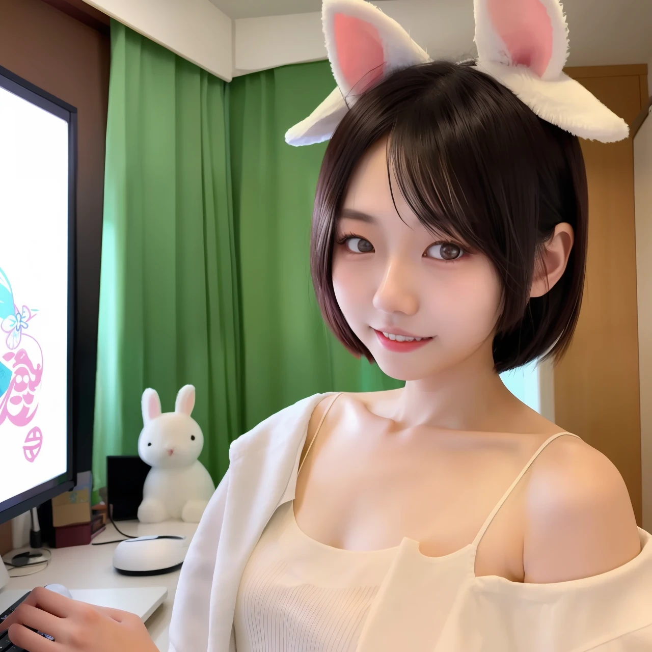 1girl, ChineseGirl, 21 years old, 独奏, Behind your arms, 3/4 lens, Young and sexy gravure idol, young pretty gravure idol, Realistis, Best quality at best, instgram, Bare shoulders, Big breasts without showing big breasts,white shirt, short detailed hair,adolable,Playing computer games,ssmile,largeeyes,Black eyes,With rabbit ears
